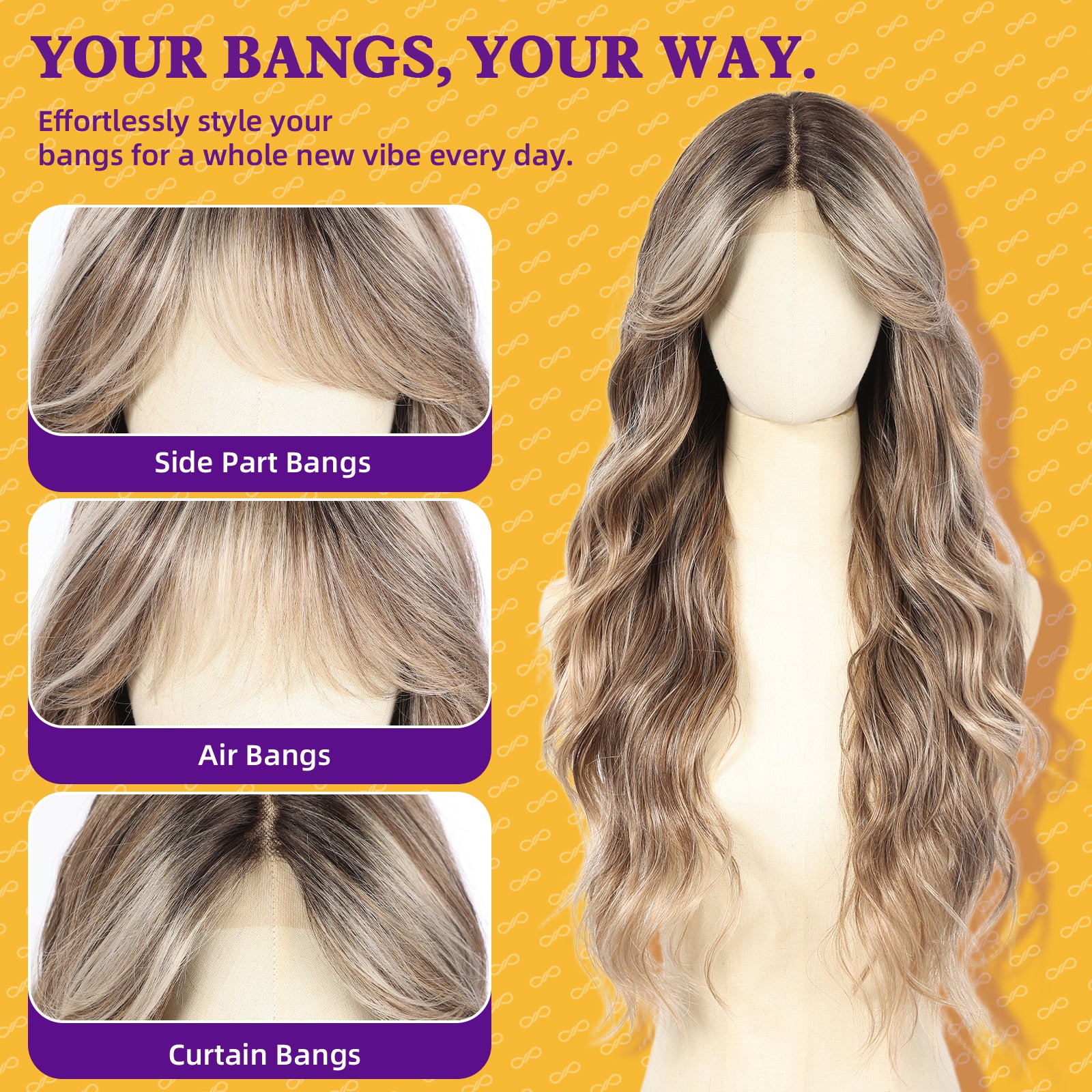 KOME Brown Mixed Synthetic Lace Front Wig,T Part Glueless Long Body Wavy Wigs With Bangs for Women Cosplay Daily Use 28IN(#TT4/6164)