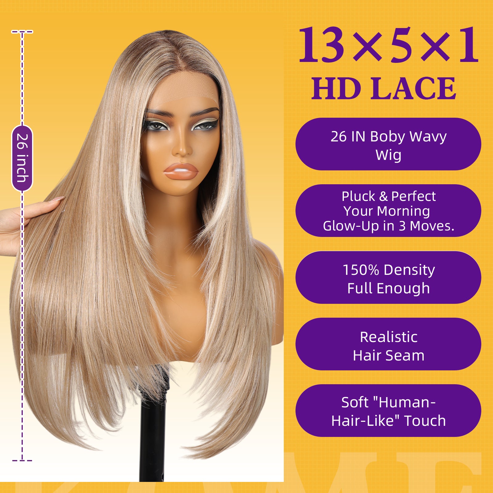 KOME Dirty Blonde Synthetic Lace Front Wig,T Part Pre Cut Glueless Long Straight Layered Wigs for Women Cosplay Daily Use 26IN(#TT6/1603)