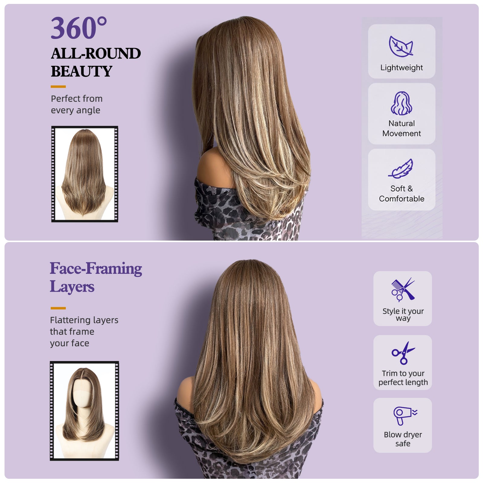 KOME Brown Highlight Human Hair Wig Blend,Brown Highlight Lace Front Wig, T Part Glueless Wigs for Women Daily Use 18IN（#TT6/1665）