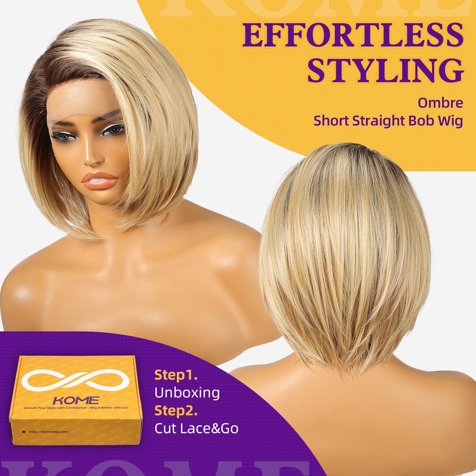 KOME Ombre Blonde Synthetic Lace Front Wig,Straight Bob Wig for White Women,Ash Blonde Short Layered Wigs,Side Part Glueless Lace Wigs for Women Daily Use 10IN (#OM6/FS1212)