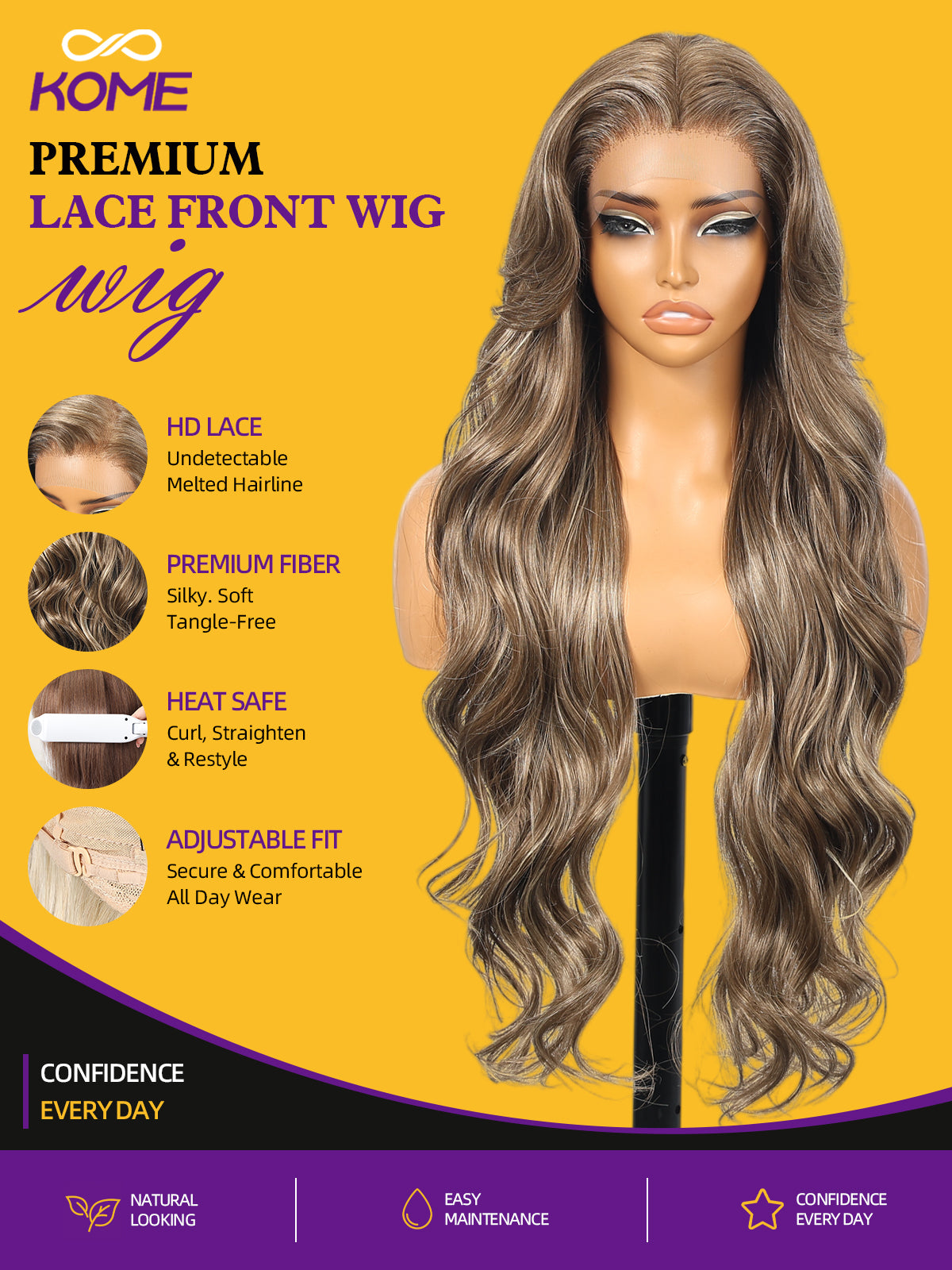 KOME Ash Brown Synthetic Lace Front Wig,13x4 HD Lace Glueless Long Body Wavy Curly Wigs for Women Daily Party Use 30IN(#TT6/1603)