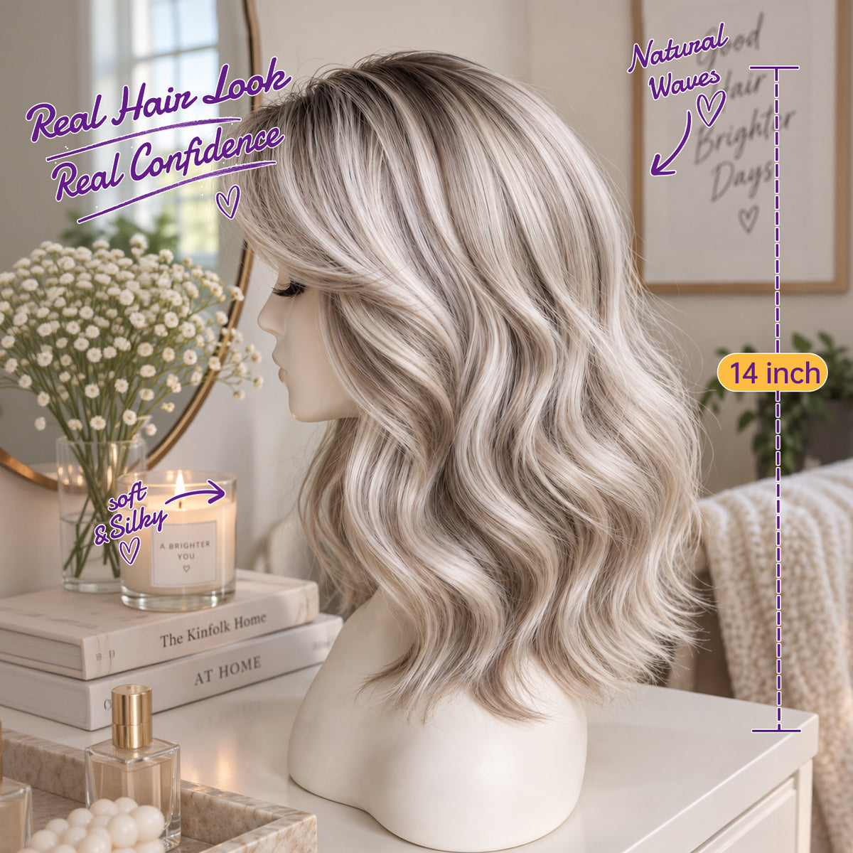 KOME Platinum Blonde 13X4 Synthetic Lace Front Wig for Women Daily Use 14IN