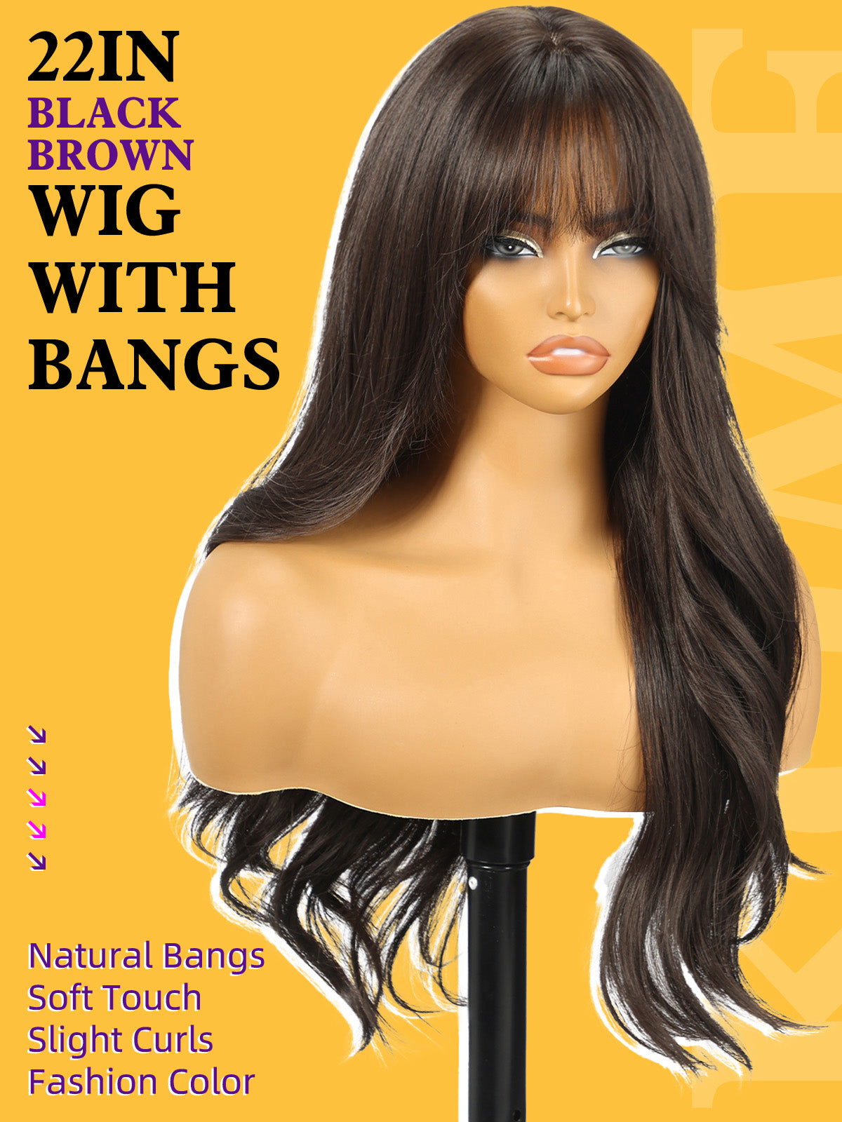 KOME Black Brown Wigs with Bangs, Brown Long Wavy Synthetic Hair Wig for Women, 24IN