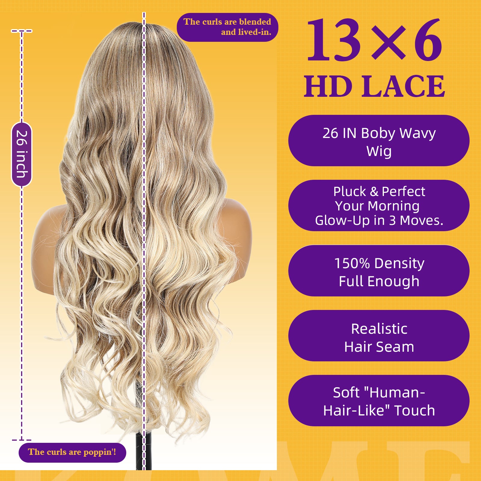 KOME Brown Highlight Synthetic Lace Front Wig,13×6 Curly Glueless Wigs for Women Daily Use 26IN（#TT4/T2713）