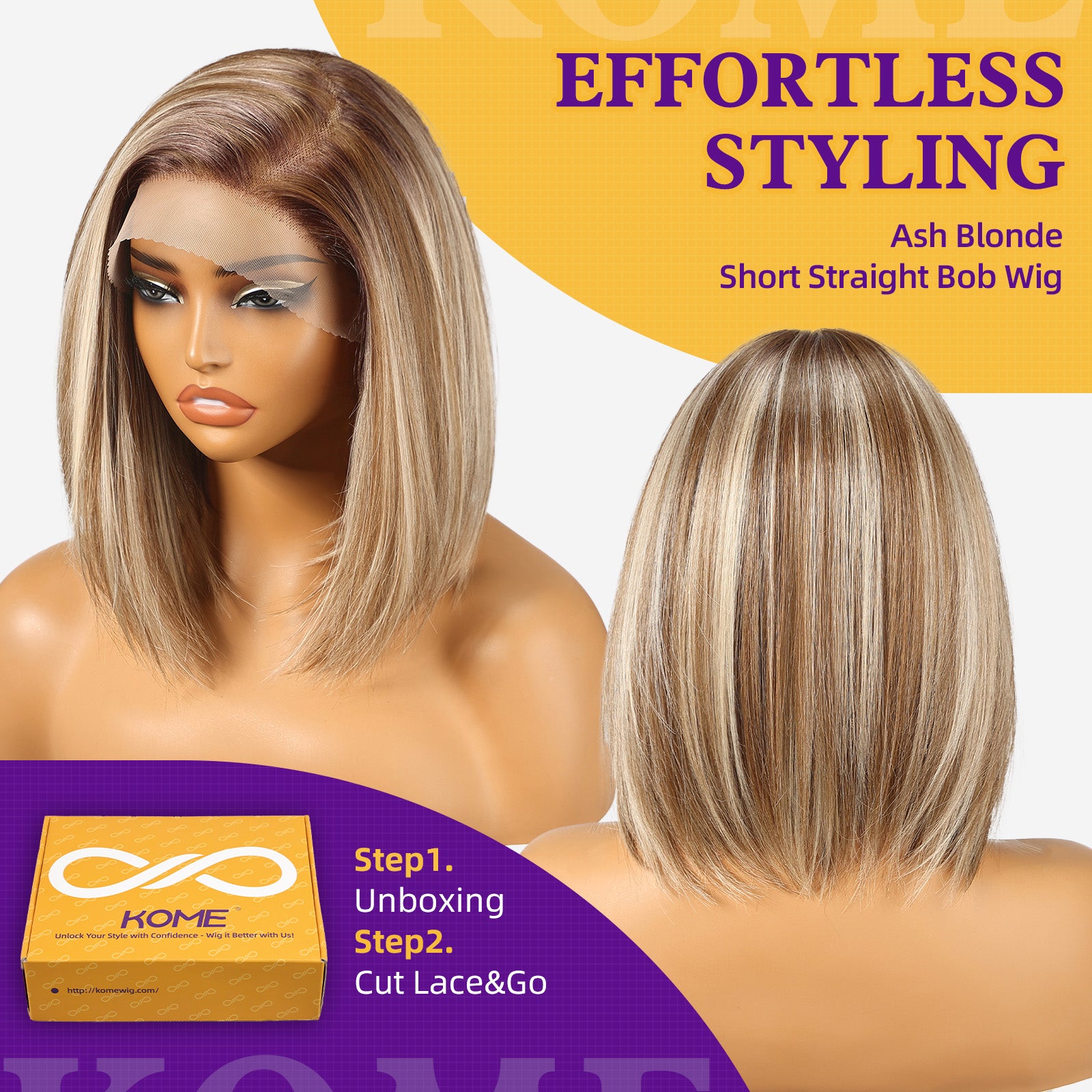 KOME Ash Blonde Synthetic Lace Front Wig,13×6 HD Straight Bob Wig for Women,Brown Short Layered Glueless Wigs for Women Daily Use 12IN（T6107F）