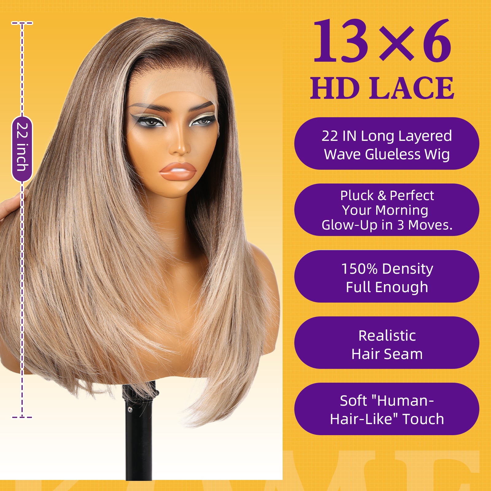 KOME Ombre Ash Brown Synthetic Lace Front Wig, 13X6 Long Straight Layered Glueless Wigs for Women Daily Use 22IN(#TT4/6327)