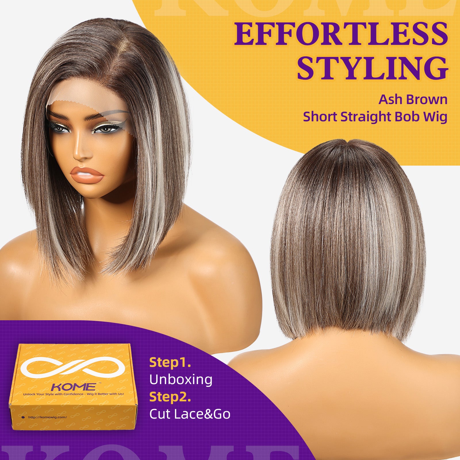 KOME Ash Brown Synthetic Lace Front Wig,13×6 Short Straight Glueless Bob Wig for White Women Daily Use 10IN（TTF4/606）