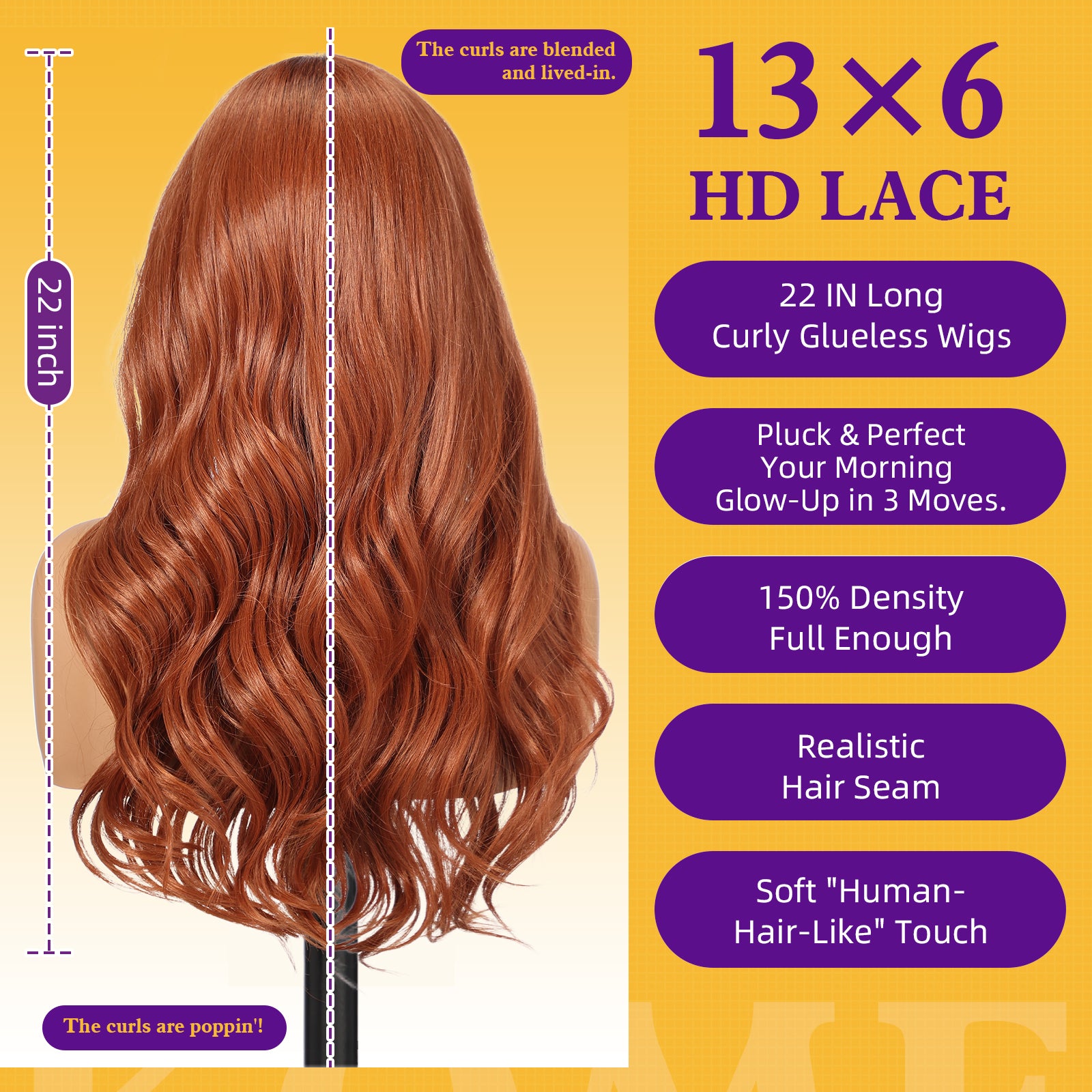 KOME Auburn Synthetic Lace Front Wig,13×6 Curly Ginger Glueless Wigs for Women Daily Use 22IN（#TT33/130B）