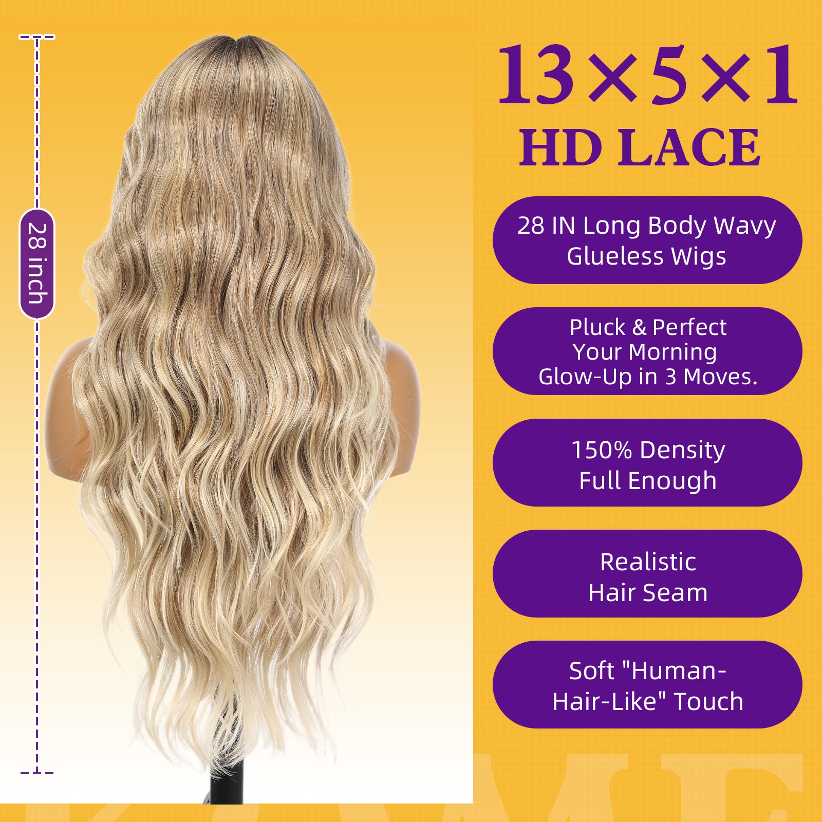 KOME Ombre Blonde Synthetic Lace Front Wig,T Part Glueless Long Body Wavy Wigs With Bangs for Women Cosplay Daily Use 28IN