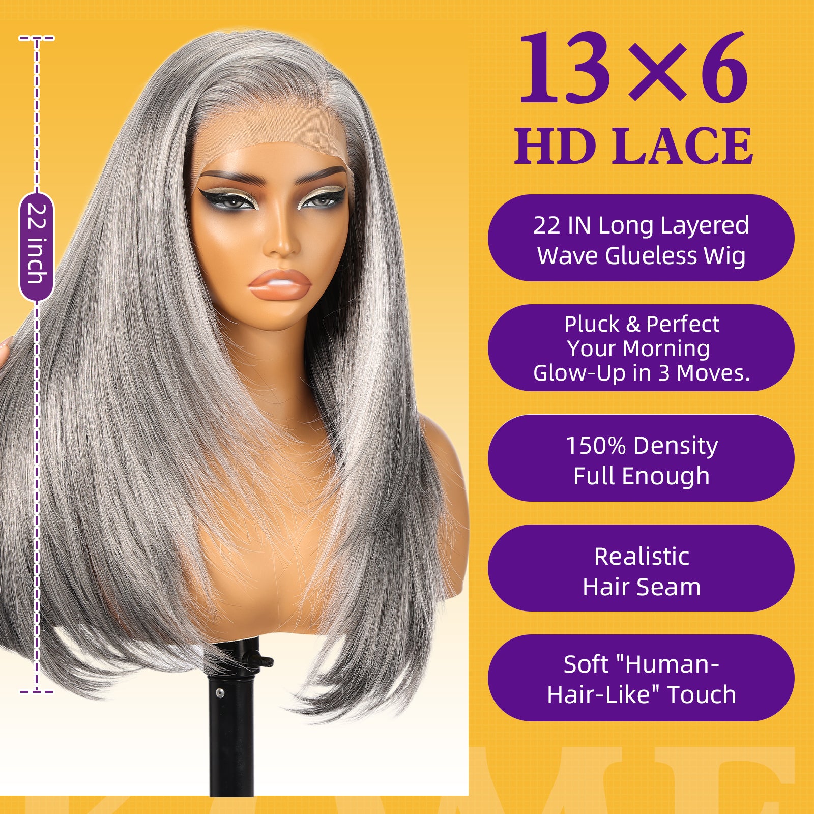KOME Grey Mixed Synthetic Lace Front Wig, 13X6 Long Straight Layered Glueless Wigs for Women Daily Use 22IN(#2/606HL)