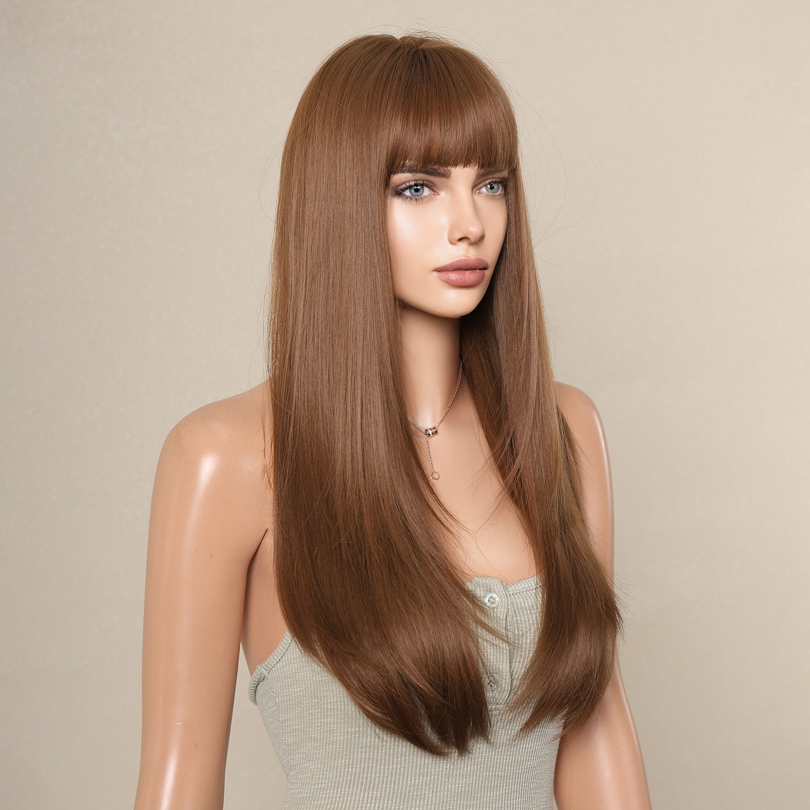 KOME Brown Long Layered Wig with Bangs,Natural Brown Straight Hair Wigs for Women,Synthetic Heat Resistant Natural Looking Hair Wig for Party Cosplay Dality Use