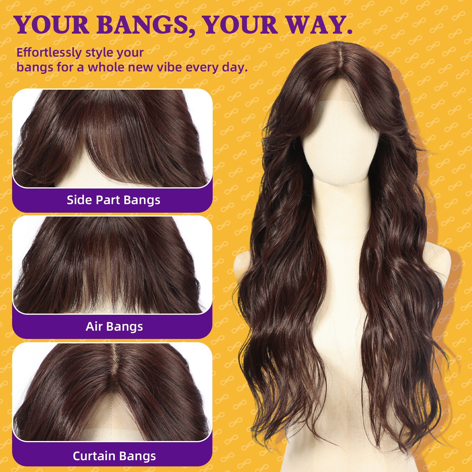 KOME Brown Synthetic Lace Front Wig,T Part Glueless Long Body Wavy Wigs With Bangs for Women Cosplay Daily Use 28IN(#233)