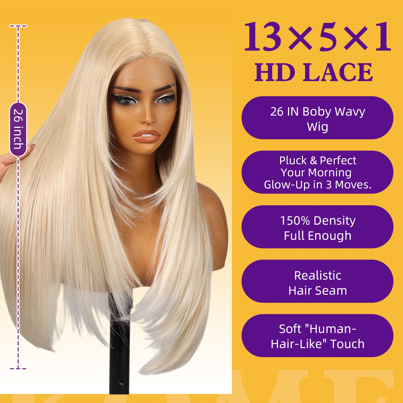 KOME Blonde Synthetic Lace Front Wig,T Part Pre Cut Glueless Long Straight Layered Wigs for Women Cosplay Daily Use 26IN(#R10119)