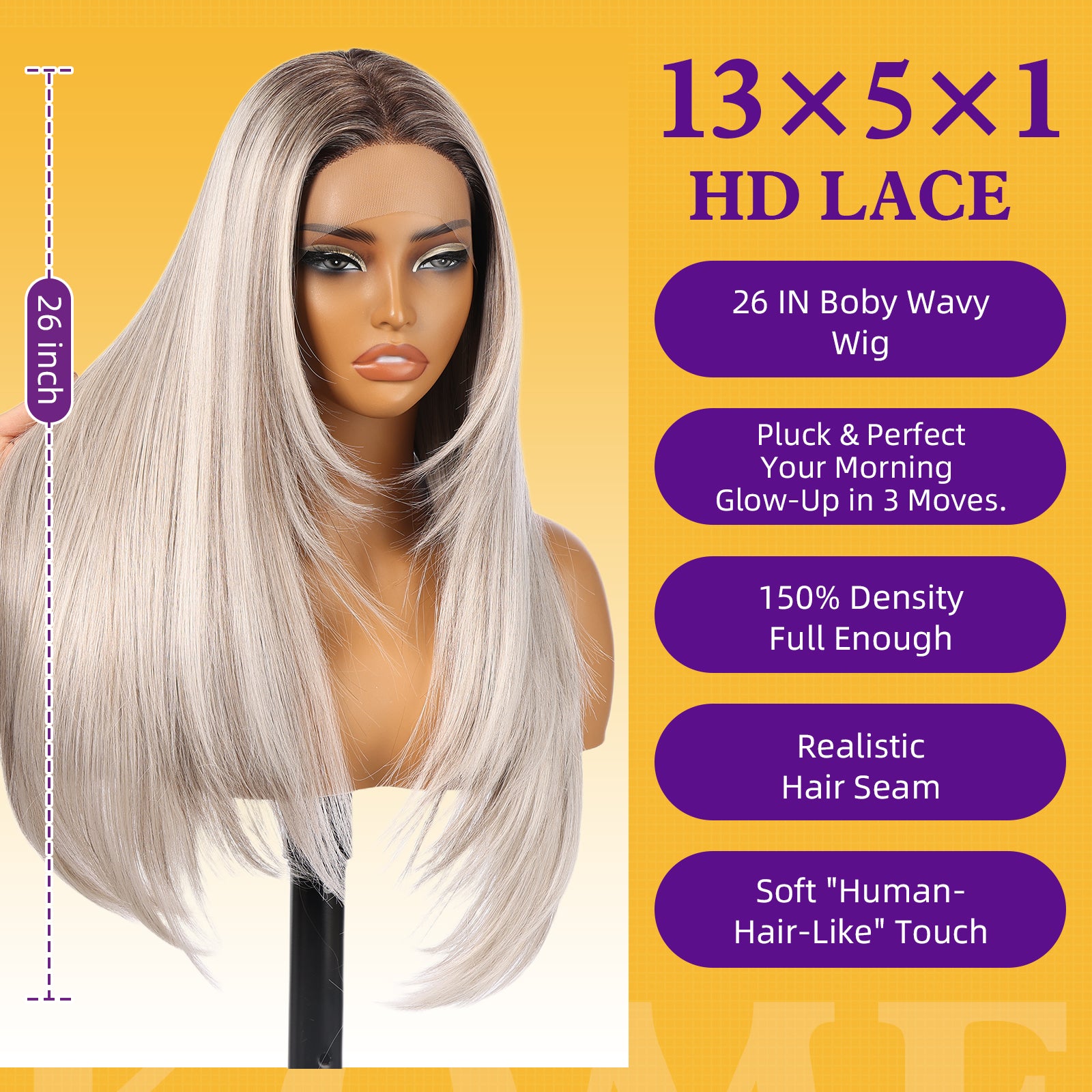 KOME Platinum Blonde Synthetic Lace Front Wig,T Part Pre Cut Glueless Long Straight Layered Wigs for Women Cosplay Daily Use 26IN(#TT6/4603)