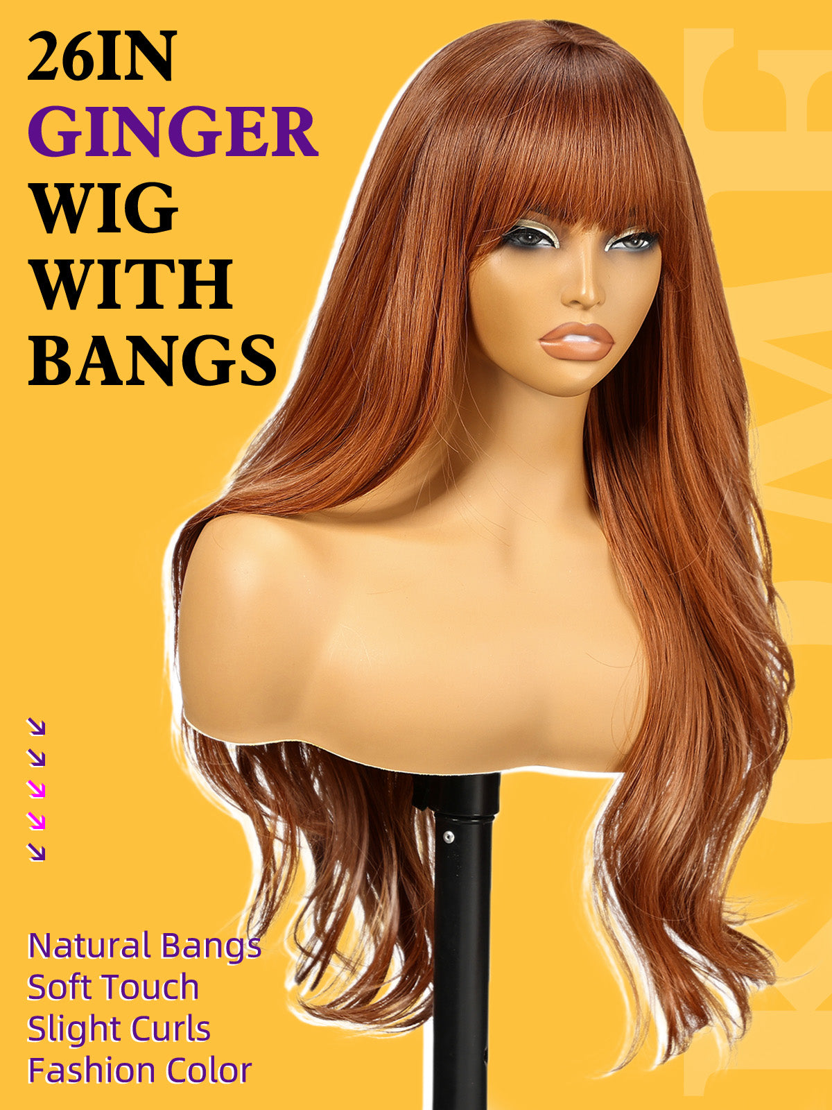 Long Auburn Wigs with Bangs,Ginger Layered Wavy Synthetic Wig for Women Party Daily Use 26IN