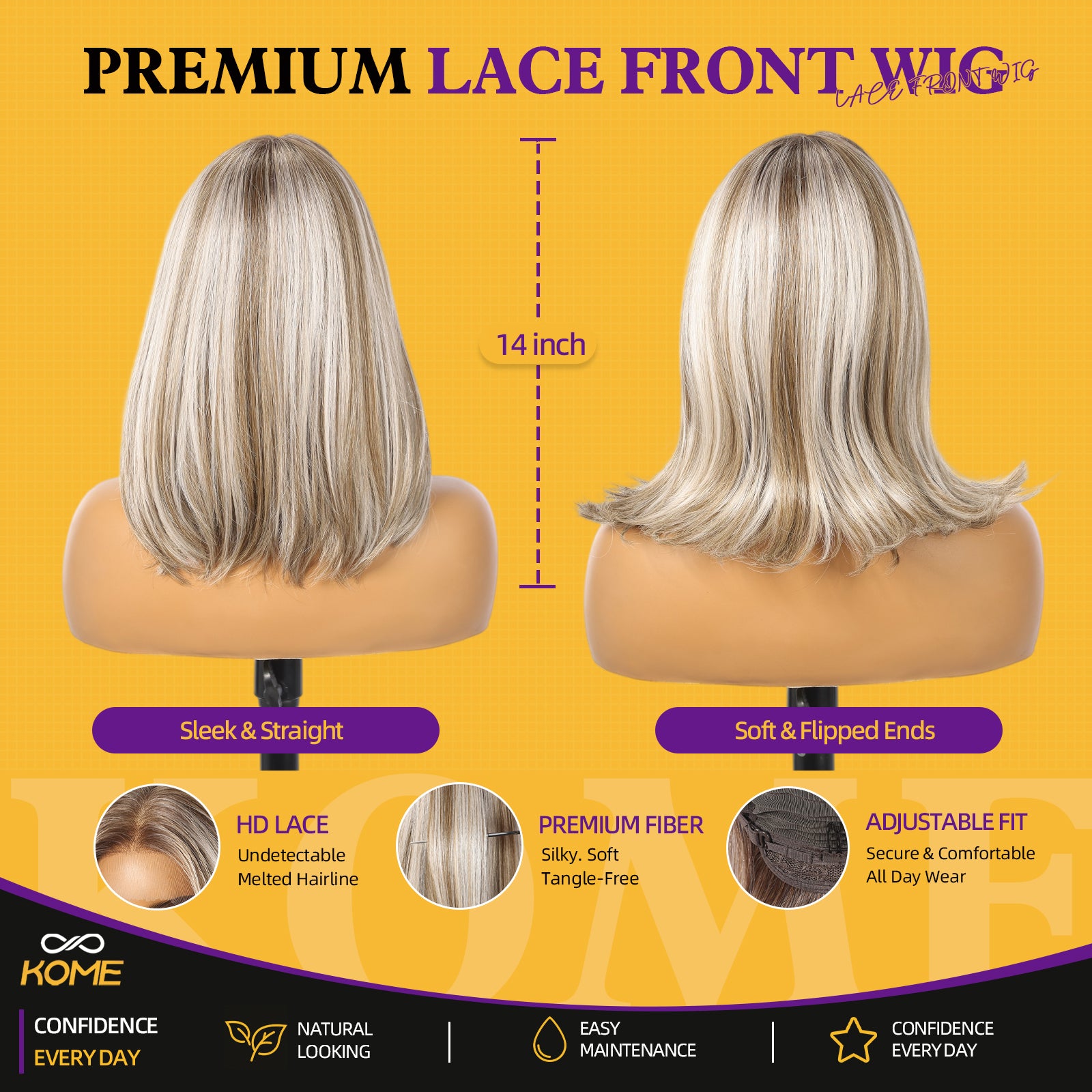 KOME Ash Blonde Highlight Bob 13×6 Synthetic Lace Front Wig for Women 14IN