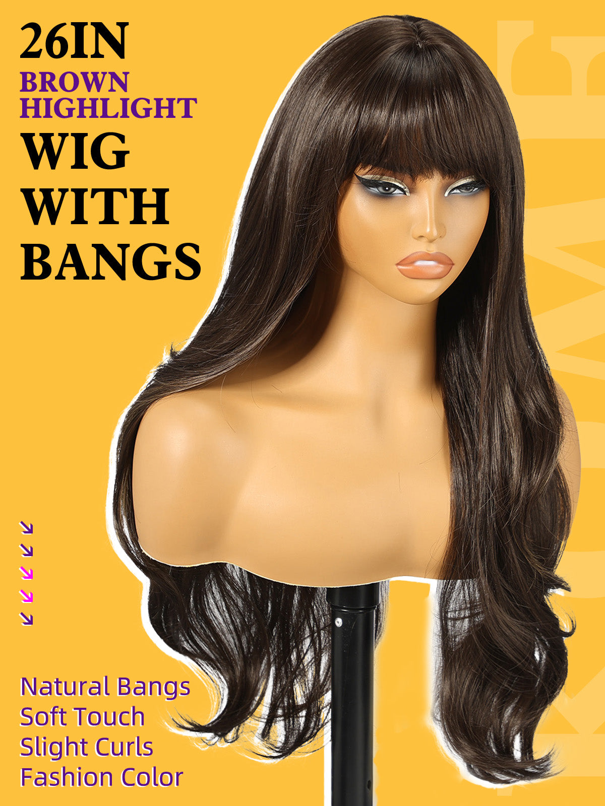Brown Highlight Wigs with Bangs,Light Brown Highlight Layered Wig for Women,Long Wavy Wigs Synthetic Hair Wig for Party Daily Use 26IN
