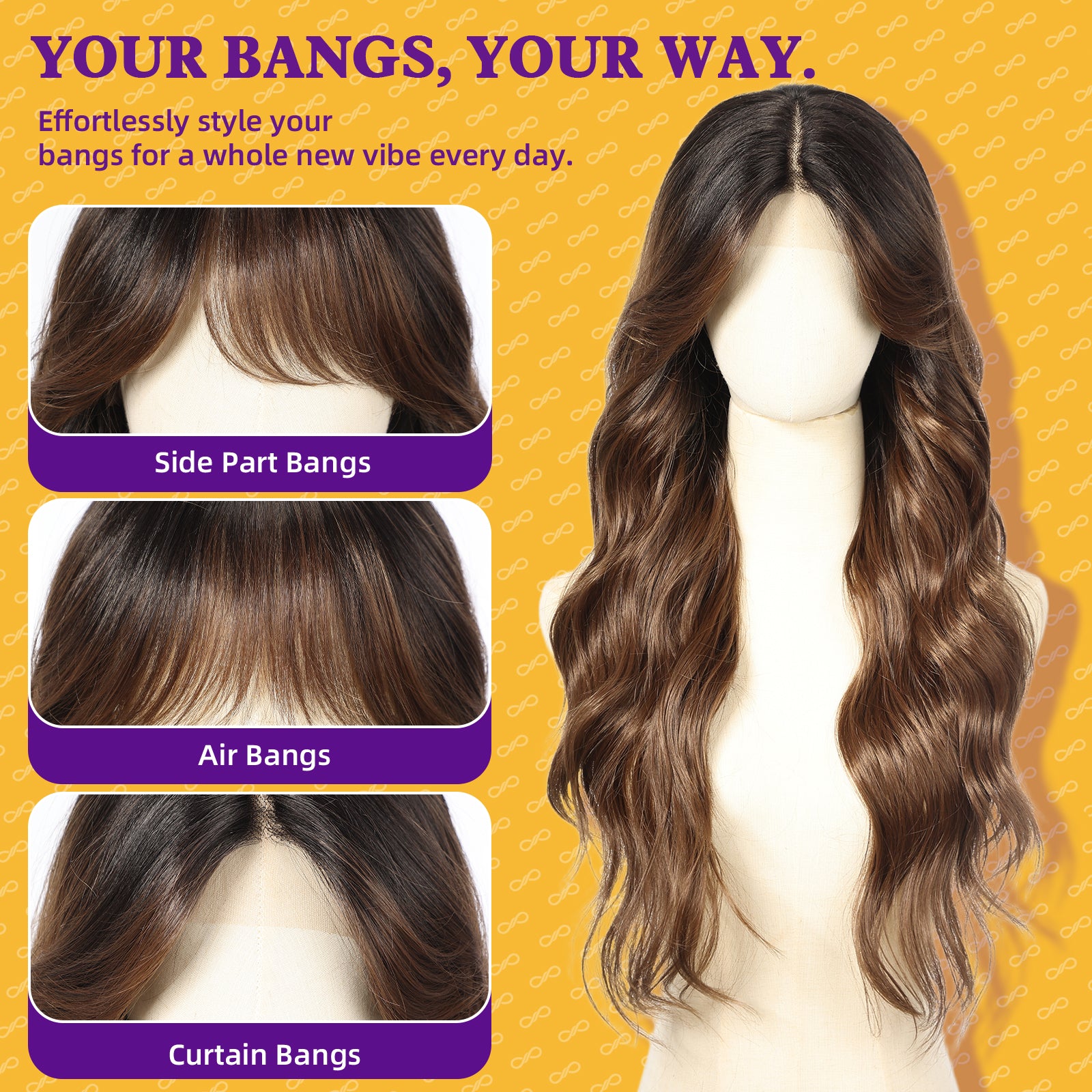 KOME Brown Highlight Synthetic Lace Front Wig,T Part Glueless Long Body Wavy Wigs With Bangs for Women Cosplay Daily Use 28IN(#TT30/2761)
