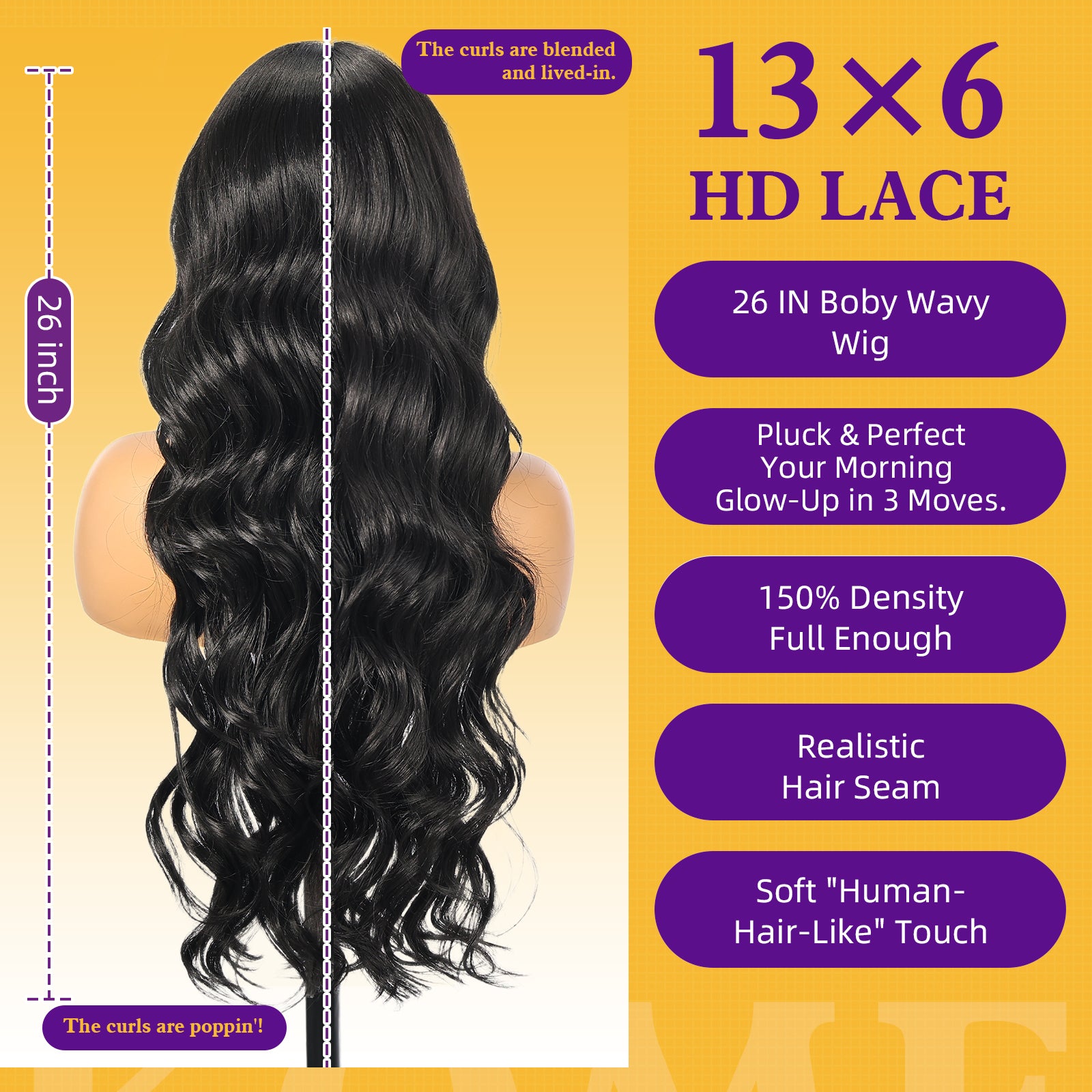 KOME Black Synthetic Lace Front Wig,13X6 Curly Glueless Wigs for Women Daily Use 26IN (1B)