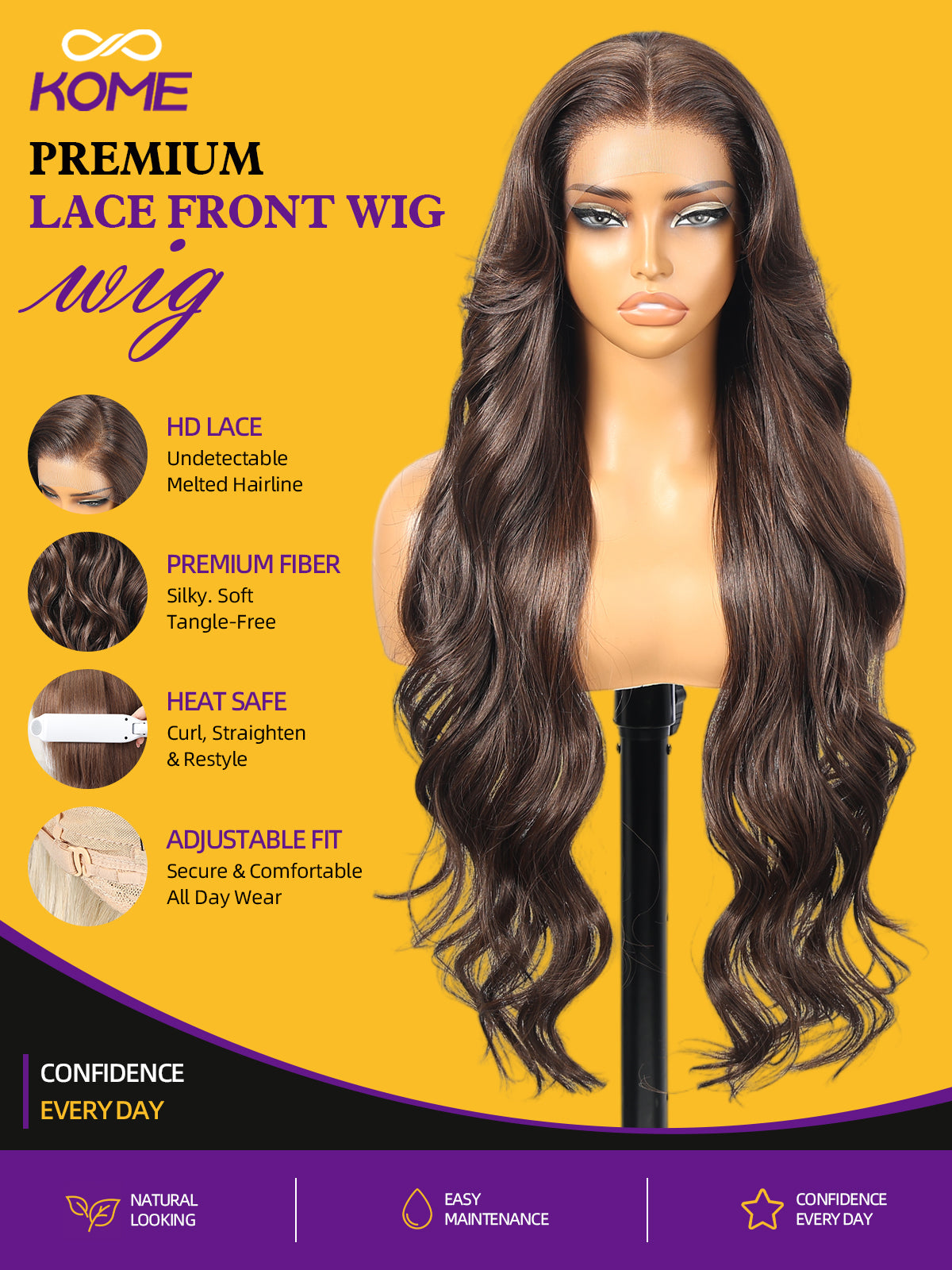 KOME Dark Brown Synthetic Lace Front Wig,13x4 HD Lace Glueless Long Body Wavy Curly Wigs for Women Daily Party Use 30IN(#TT33/130B)