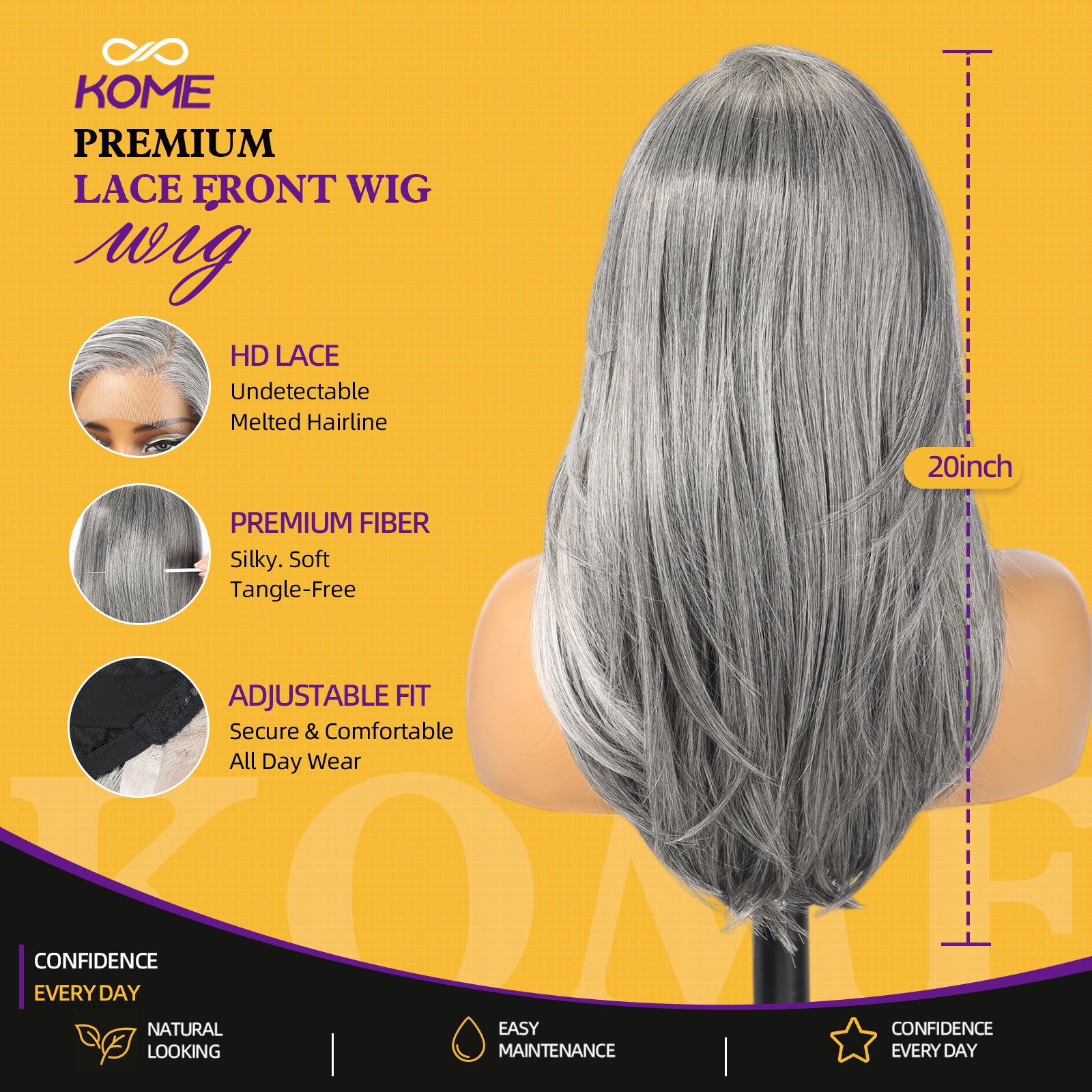 KOME Grey Synthetic Lace Front Wig, 13X4 HD Lace Glueless Long Layered Straight Wigs for Women Daily Use 20IN （#2/60HL）