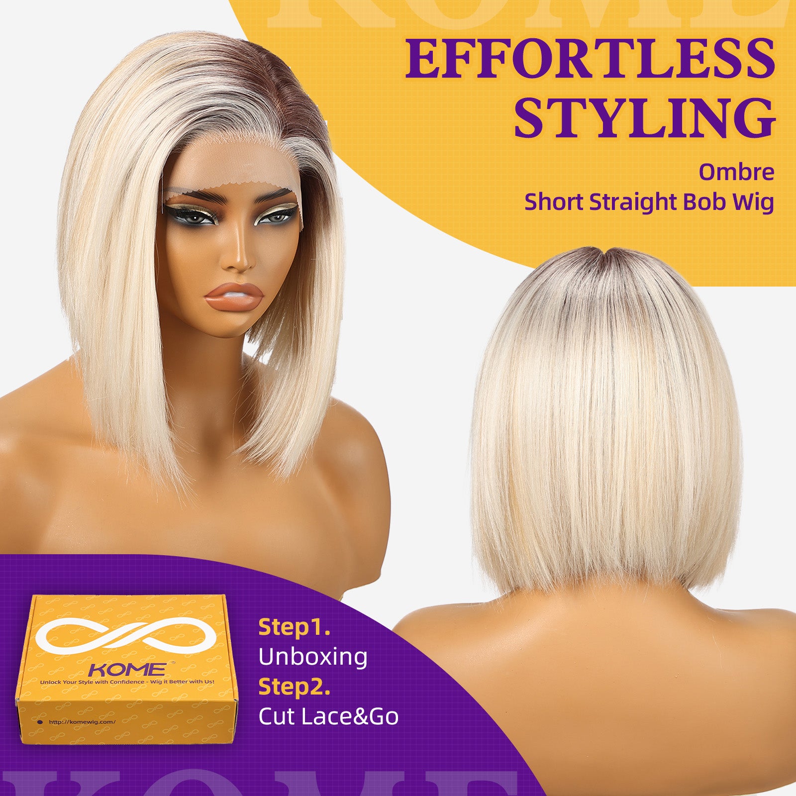 KOME Ombre Blonde Synthetic Lace Front Wig,13×6 Short Straight Glueless Bob Wigs for White Women Daily Use 10IN（TTF6/623）