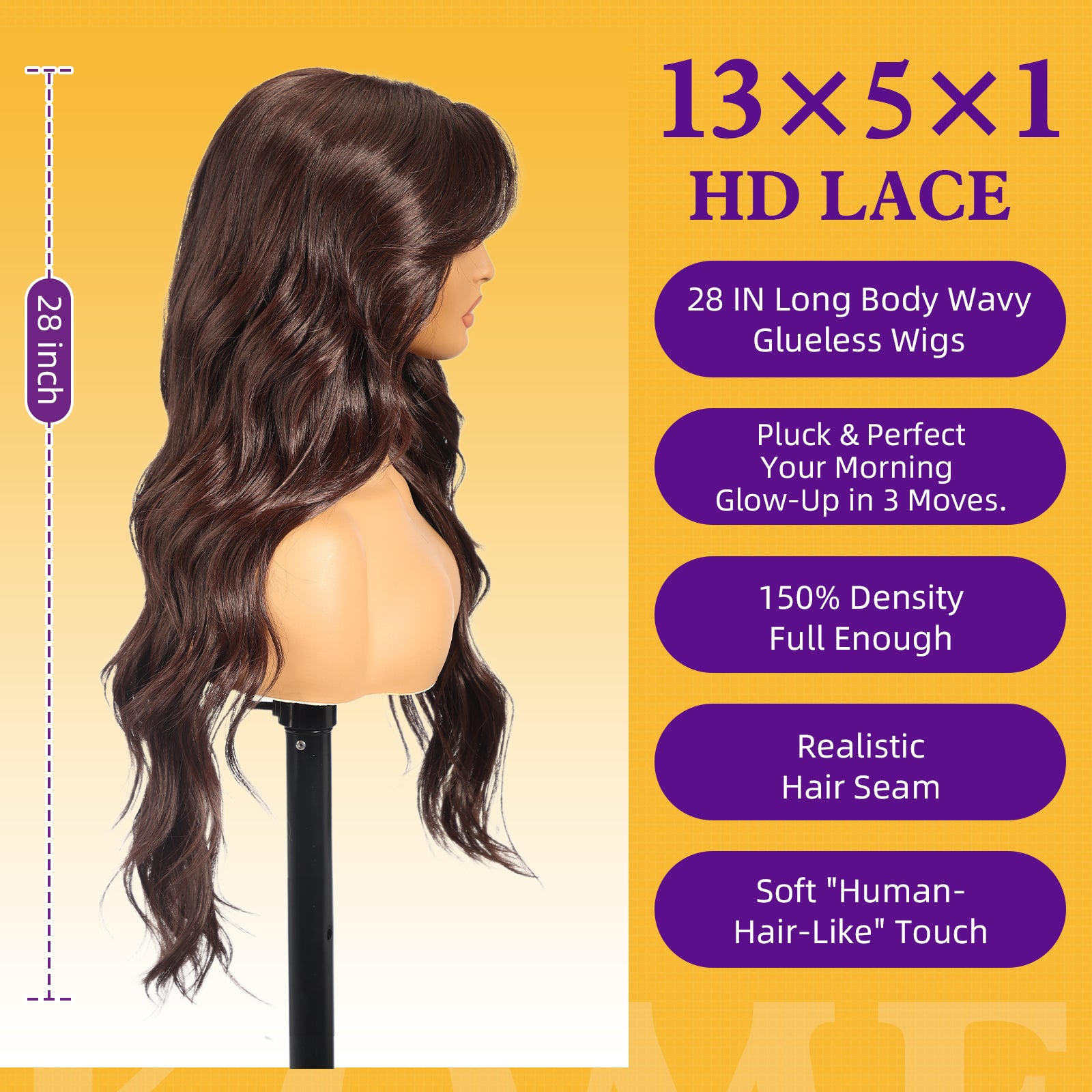 KOME Brown Synthetic Lace Front Wig,T Part Glueless Long Body Wavy Wigs With Bangs for Women Cosplay Daily Use 28IN(#233)