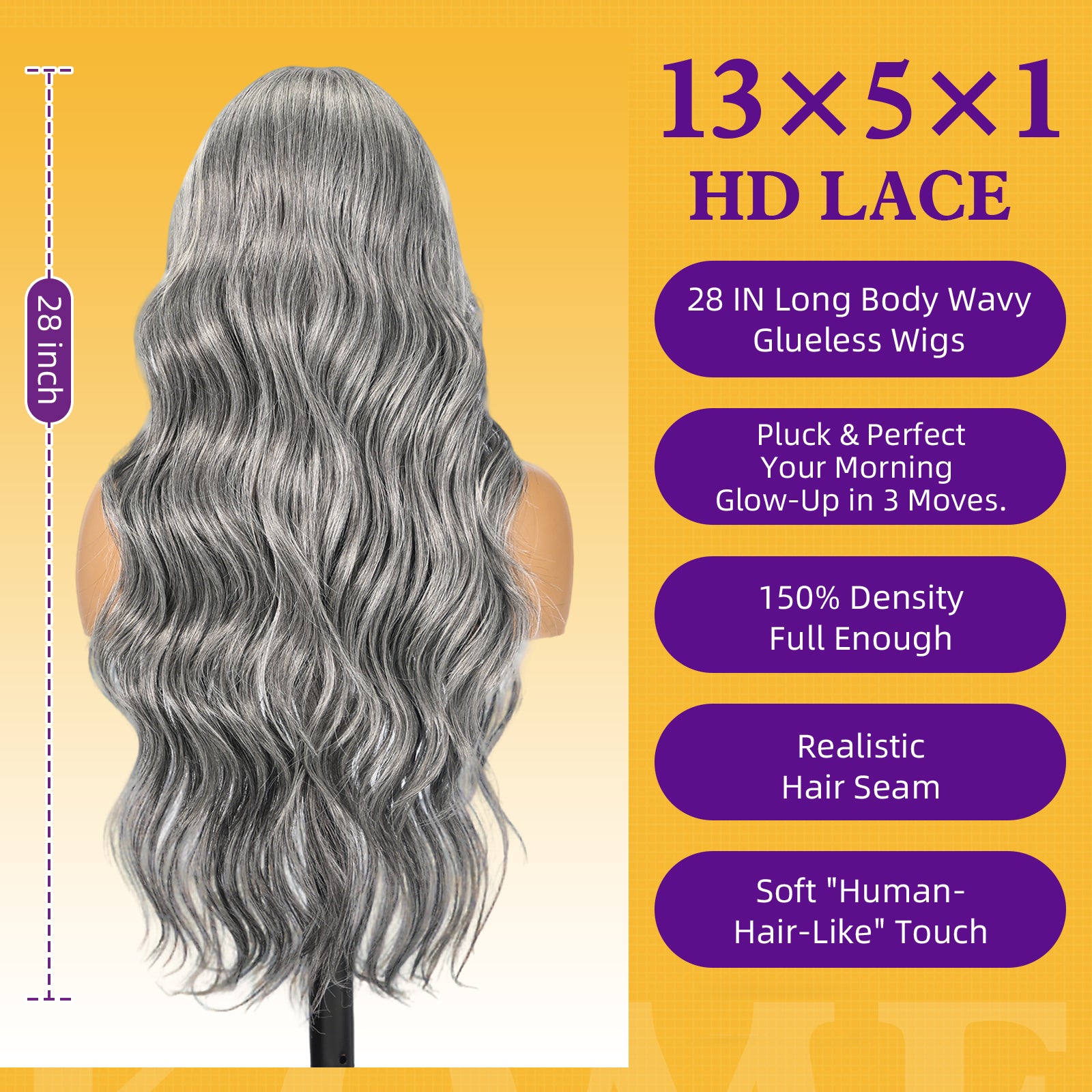 KOME Grey Synthetic Lace Front Wig,T Part Glueless Long Body Wavy Wigs With Bangs for Women Cosplay Daily Use 28IN(#2/606HL)