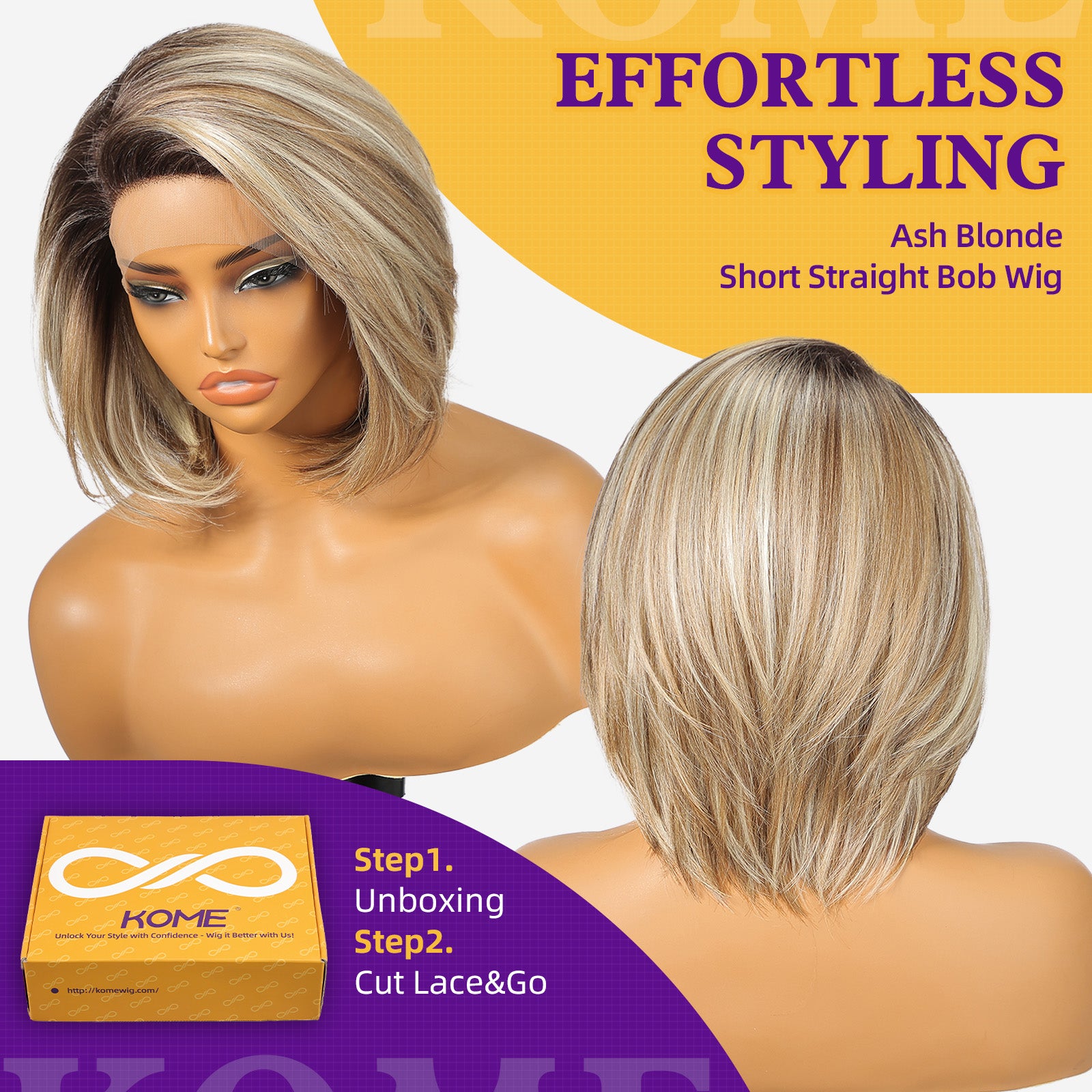 KOME Ash Blonde Synthetic Lace Front Wig,Side Part Short Straight Glueless Bob Wig for White Women Daily Use 12IN (#TT891A)