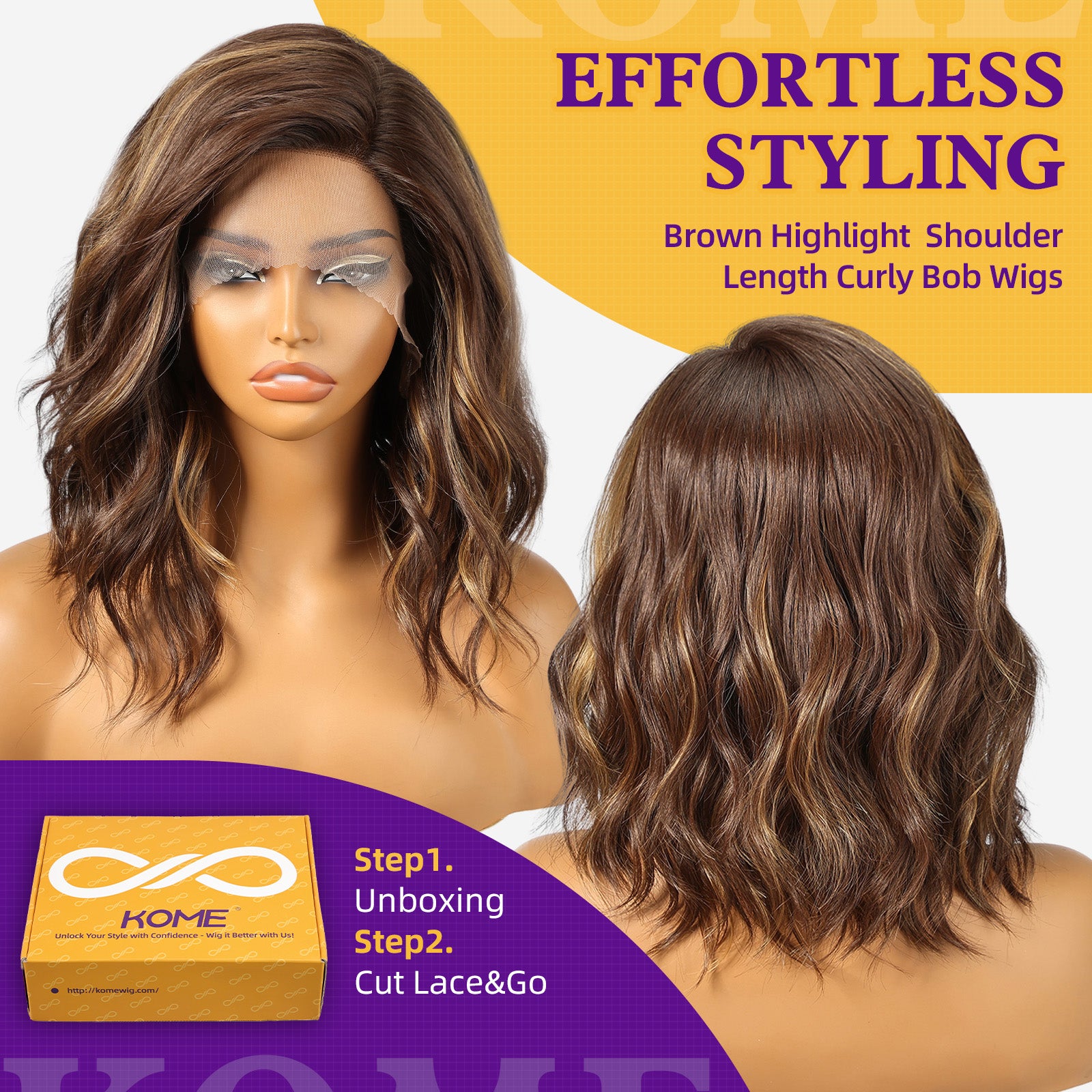 KOME Brown Highlight Synthetic Lace Front Wig,Short Curly Bob Wig,Shoulder Length Wig for Women Daily Use 14IN