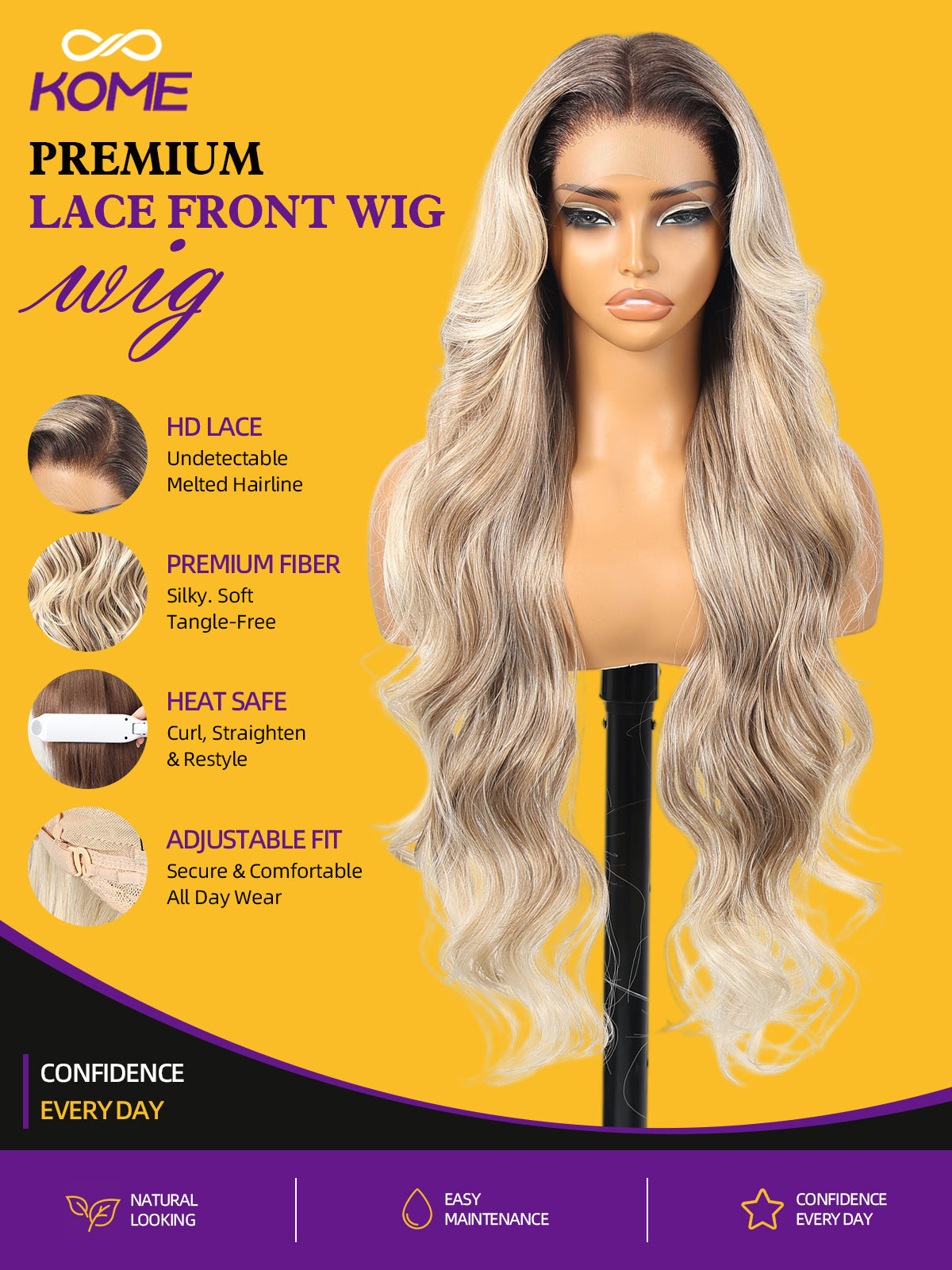 KOME Ombre Ash Blonde Synthetic Lace Front Wig,13x4 HD Lace Glueless Long Body Wavy Curly Wigs for Women Daily Party Use 30IN(#TT4/T2713)