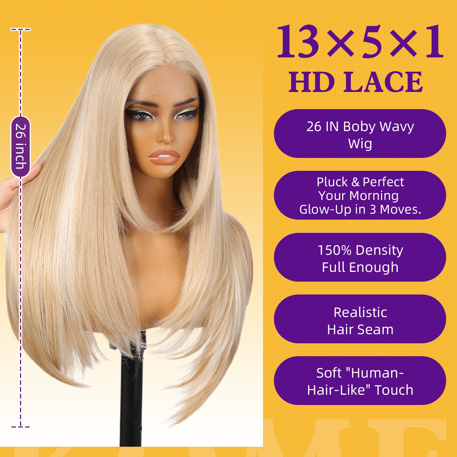 KOME Blonde Synthetic Lace Front Wig,T Part Pre Cut Glueless Long Straight Layered Wigs for Women Cosplay Daily Use 26IN(#K16B88)