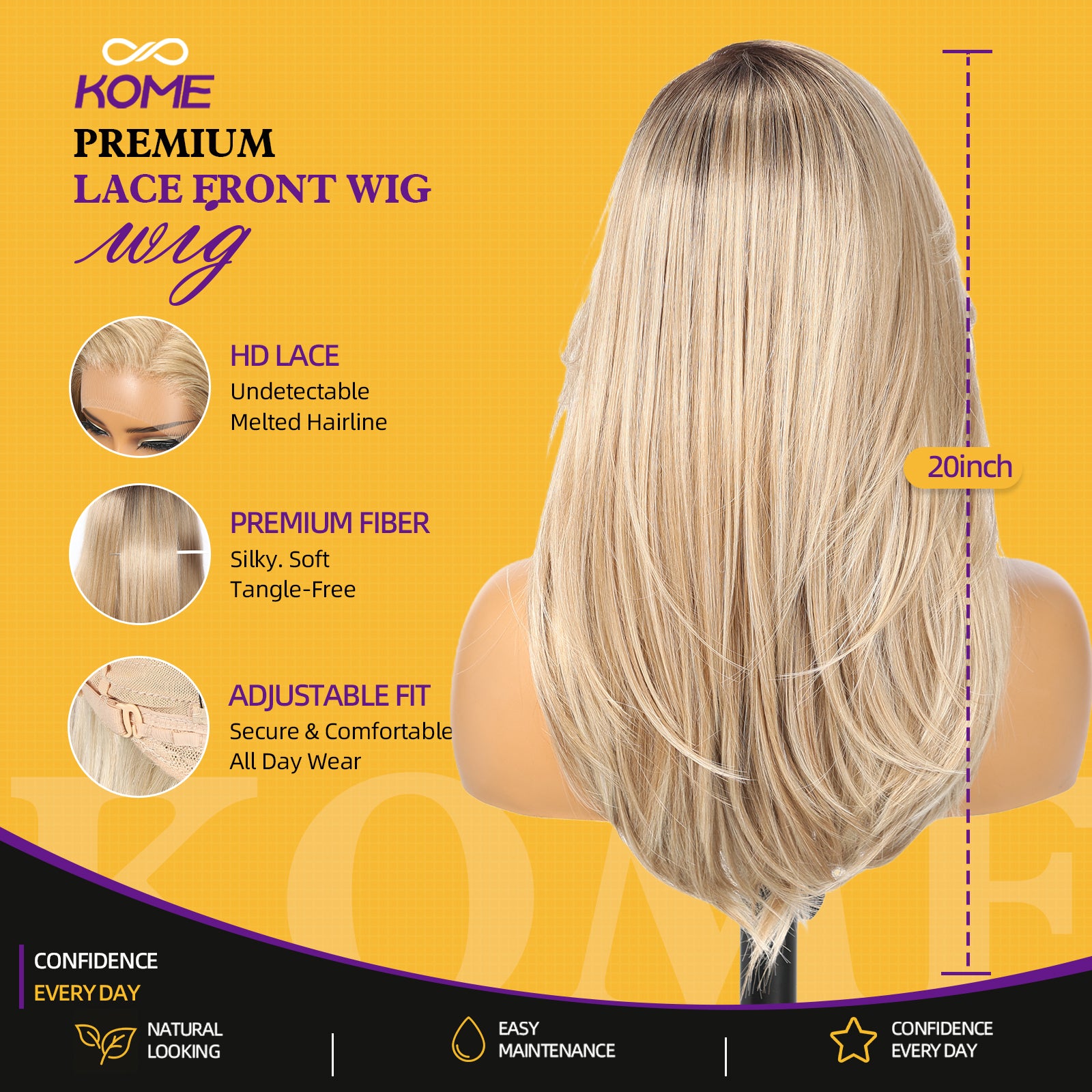 KOME Ombre Blonde Synthetic Lace Front Wig, 13X4 HD Lace Glueless Long Layered Straight Wigs for Women Daily Use 20IN （#TT6/1603）
