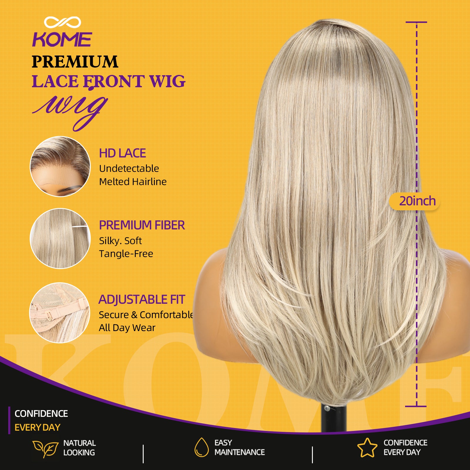 KOME Ash Blonde Synthetic Lace Front Wig, 13X4 HD Lace Glueless Long Layered Straight Wigs for Women Daily Use 20IN （#TT9/603TA ）