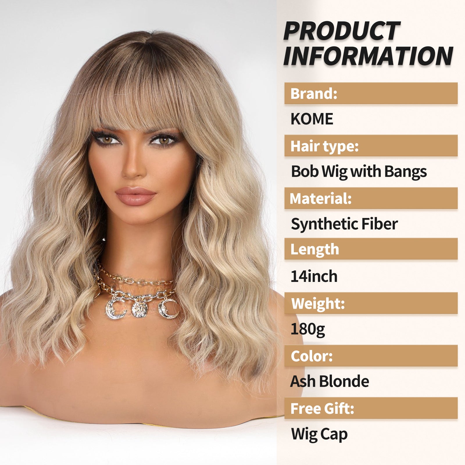 KOME Curly Bob Wig with Bangs Short Wavy Ash Blonde Wigs for Women Lob Haircut Synthetic Heat Resistant Bob Wigs 14IN