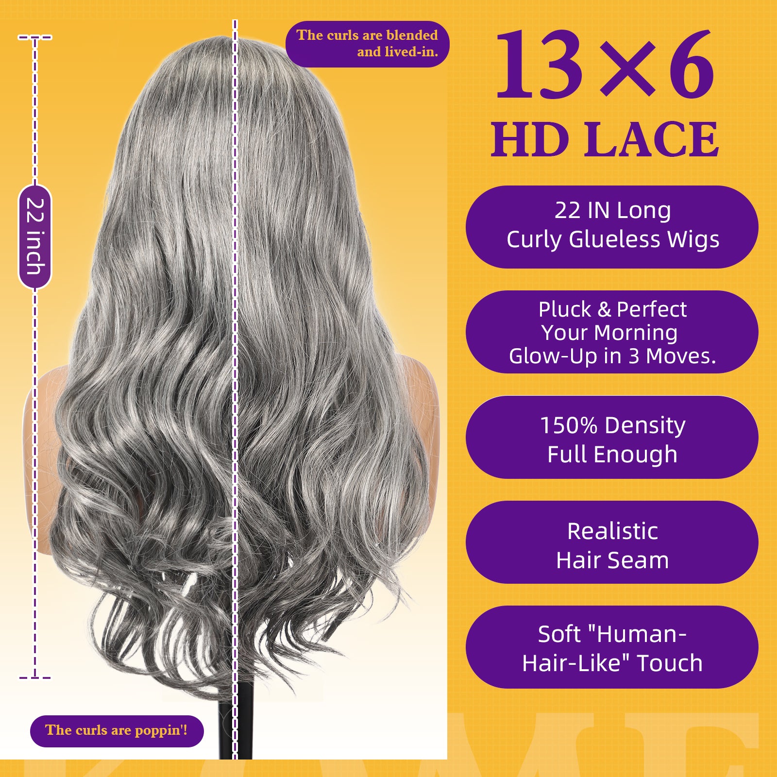 KOME Grey Synthetic Lace Front Wig,13×6 Curly Glueless Wigs for Women Daily Use 22IN（#2/60HL）