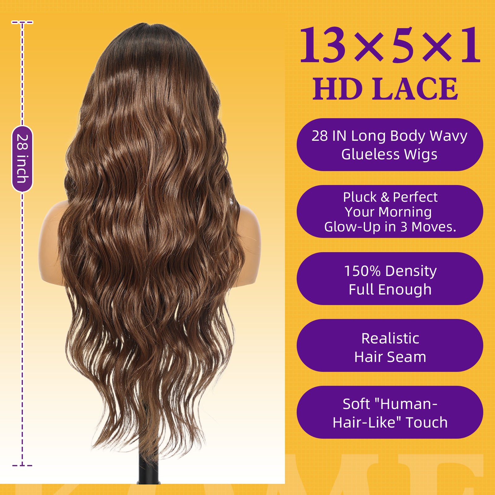 KOME Brown Highlight Synthetic Lace Front Wig,T Part Glueless Long Body Wavy Wigs With Bangs for Women Cosplay Daily Use 28IN(#TT30/2761)
