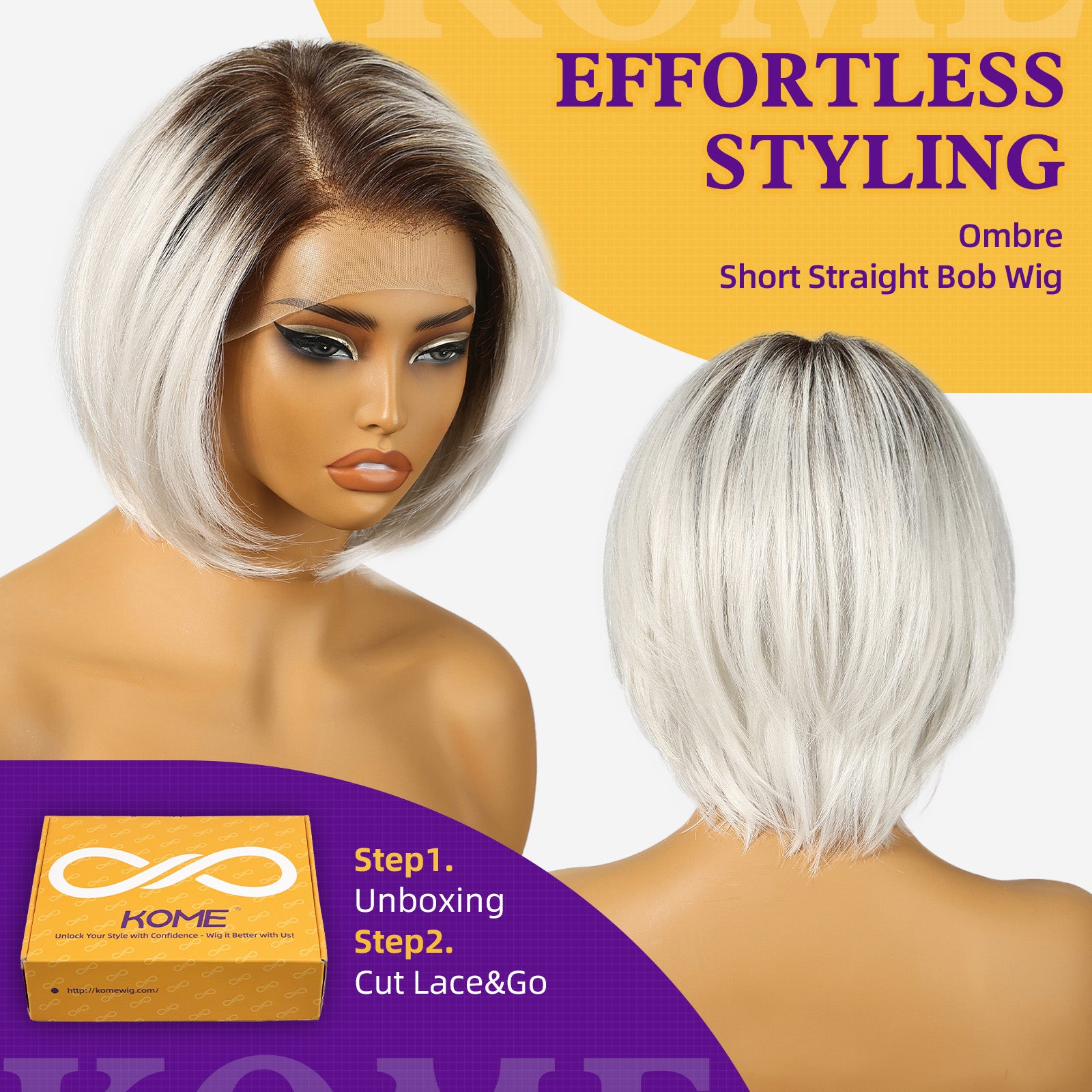 KOME Ombre Platinum Blonde Synthetic Lace Front Wig,Side Part Short Straight Glueless Bob Wig for White Women Daily Use 10IN (#TT6/1001GS)