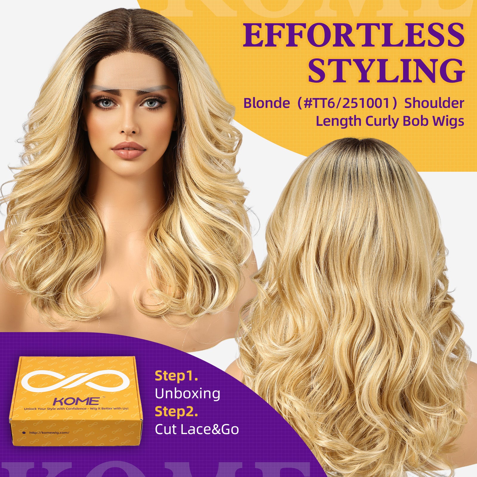 KOME Lobbi Blonde Synthetic Lace Front Wig, 13X5X1 Glueless Shoulder Length Curly Bob Wigs for Women Daily Use 18IN（#TT6/251001）