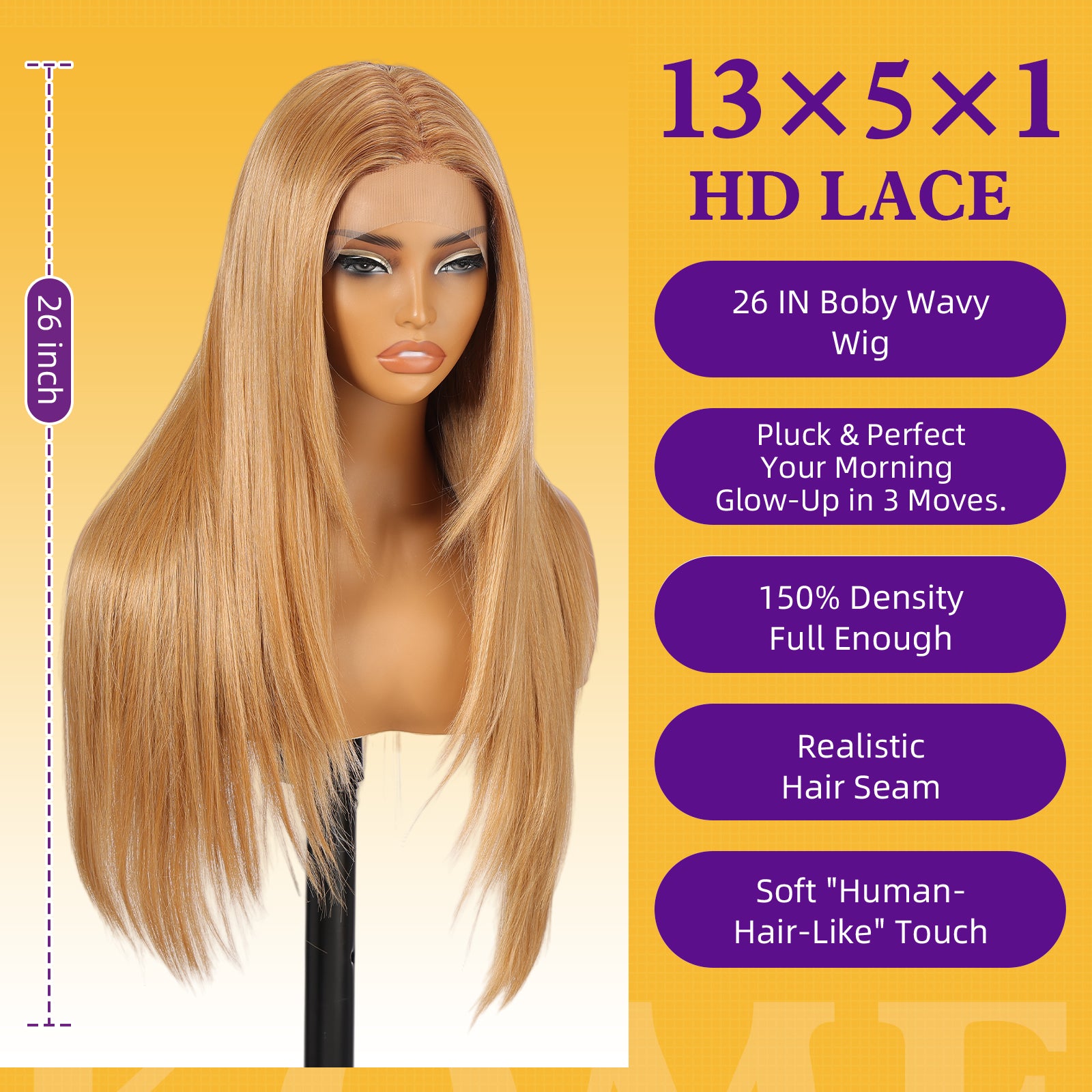 KOME Honey Blonde Synthetic Lace Front Wig,T Part Pre Cut Glueless Long Straight Layered Wigs for Women Cosplay Daily Use 26IN(#TT30/2761)