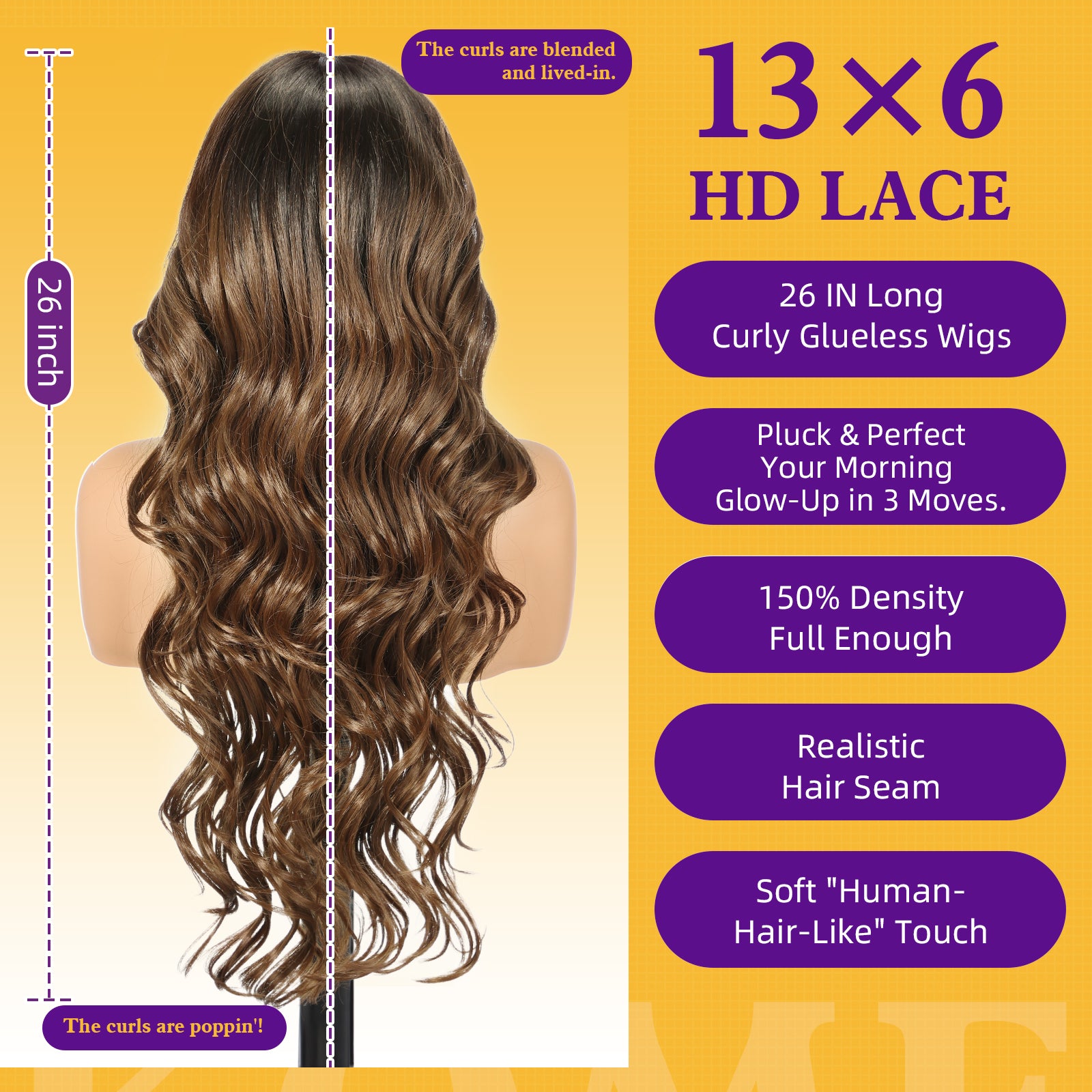 KOME Ombre Brown Synthetic Lace Front Wig,13×6 Curly Glueless Wigs for Women Daily Use 26IN（#TT233/868）