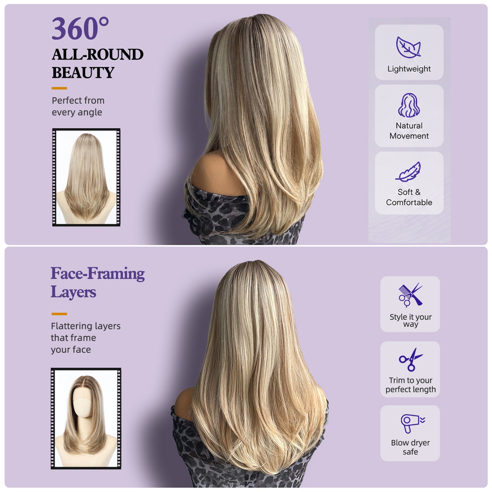 KOME Blonde Highlight Human Hair Wig Blend,Blonde Highlight Lace Front Wig, T Part Glueless Wigs for Women Daily Use 18IN（#TT416825）