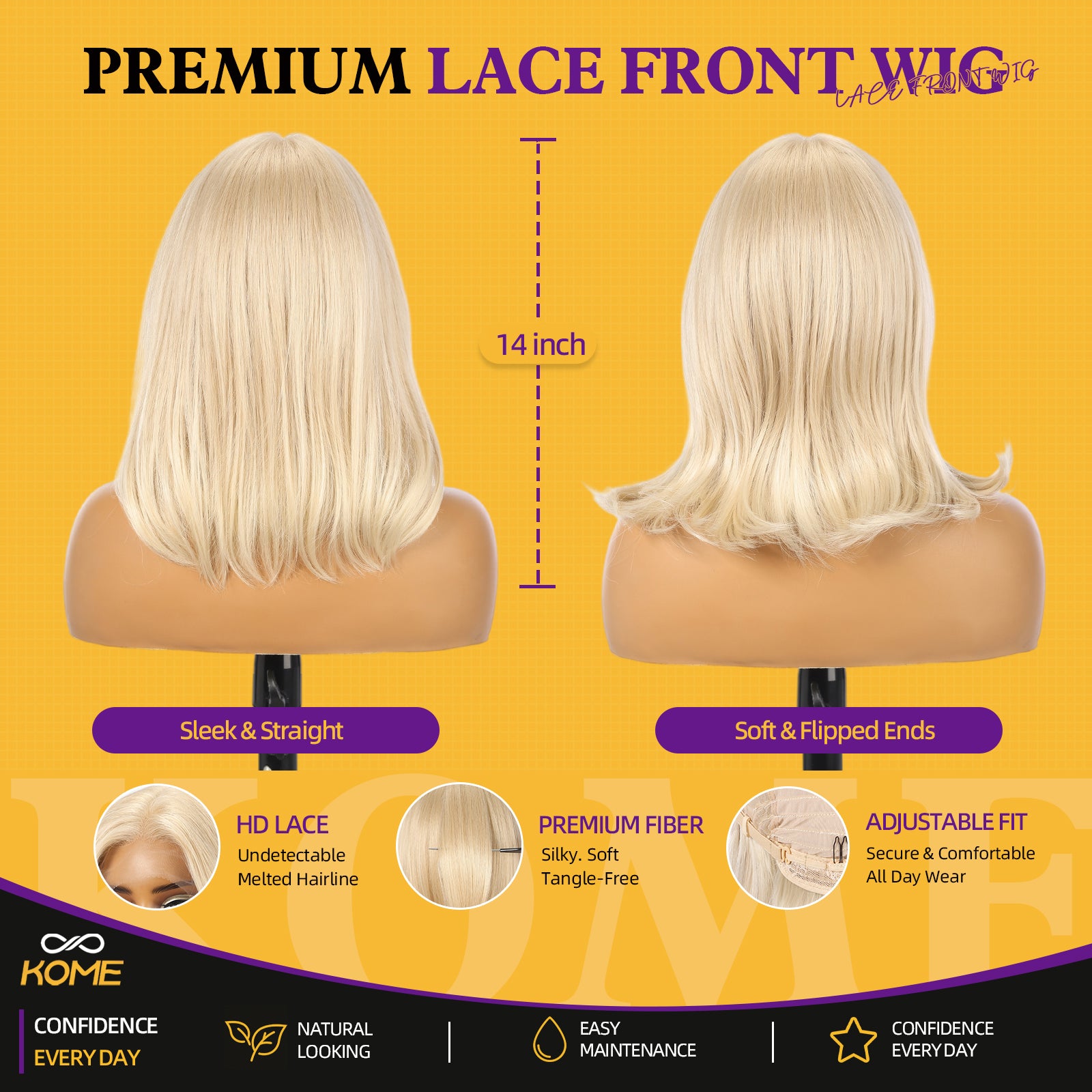 KOME Light Blonde Bob 13×6 Synthetic Lace Front Wig for Women 14IN