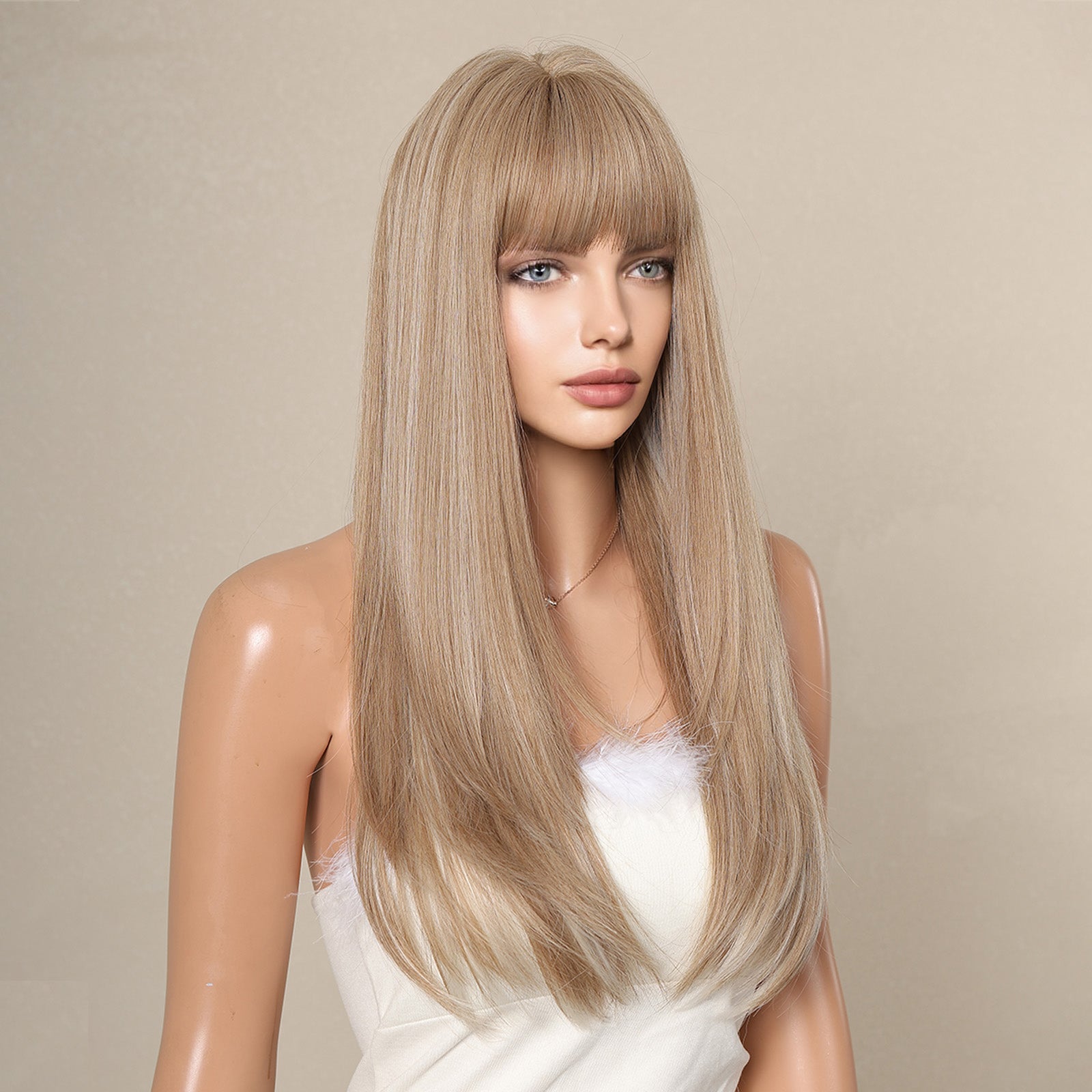 KOME Blonde Long Layered Wig with Bangs,Blonde mixed Straight Hair Wigs for Women,Synthetic Heat Resistant Natural Looking Hair Wig for Party Cosplay Dality Use