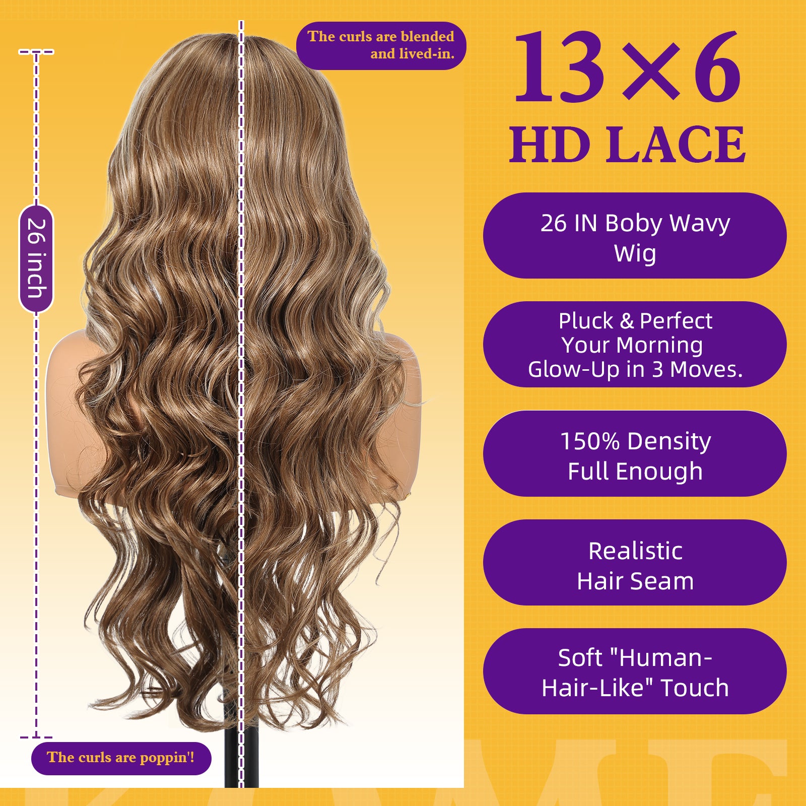 Ash Brown Highlight Synthetic Lace Front Wig,13×6 Curly Glueless Wigs for Women Daily Use 26IN（#TT6/166）