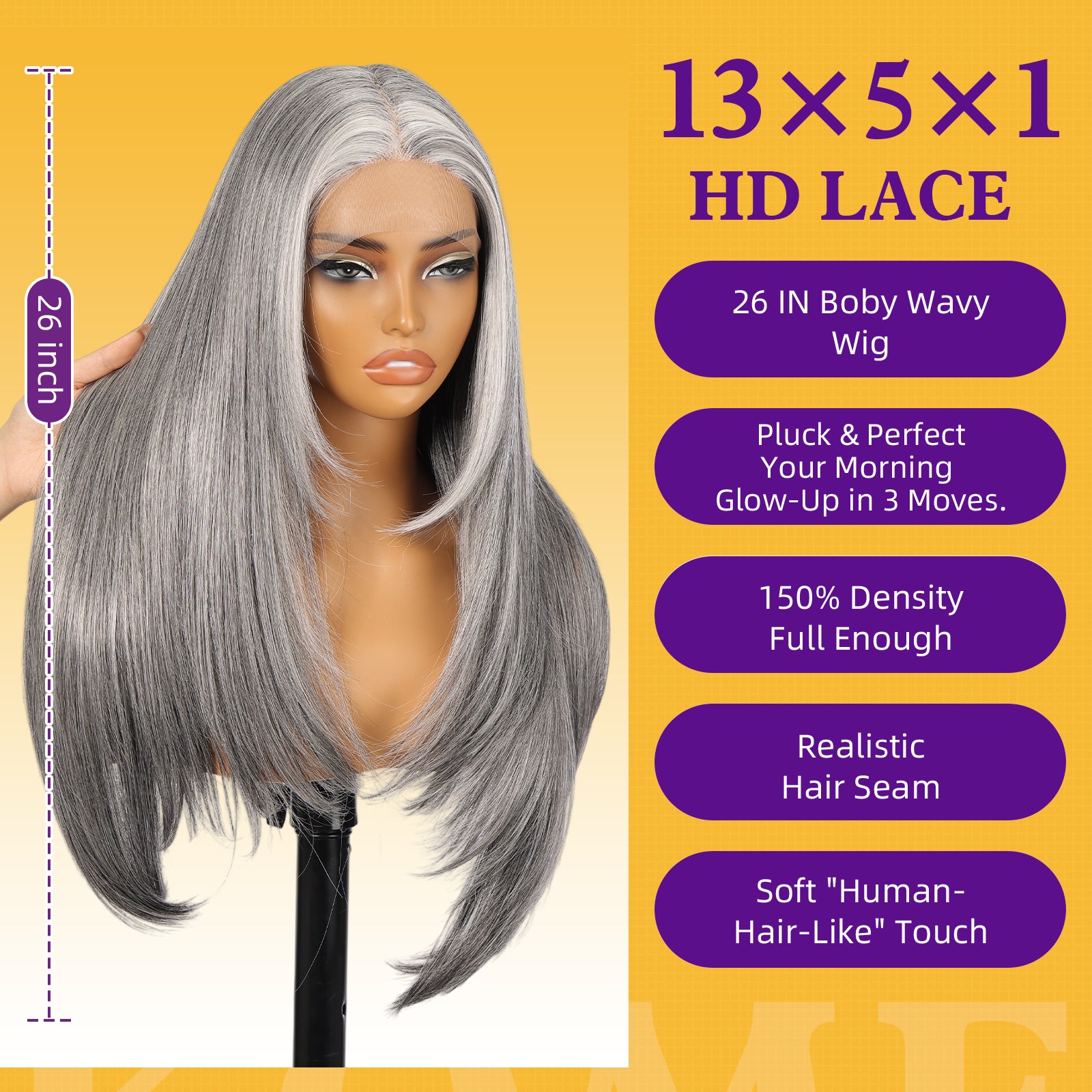 KOME Grey Synthetic Lace Front Wig,T Part Pre Cut Glueless Long Straight Layered Wigs for Women Cosplay Daily Use 26IN(#2/606HL)