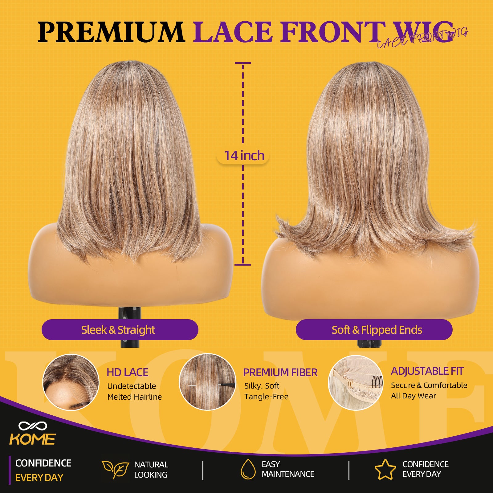 KOME Brown Bob 13×6 Synthetic Lace Front Wig for Women 14IN