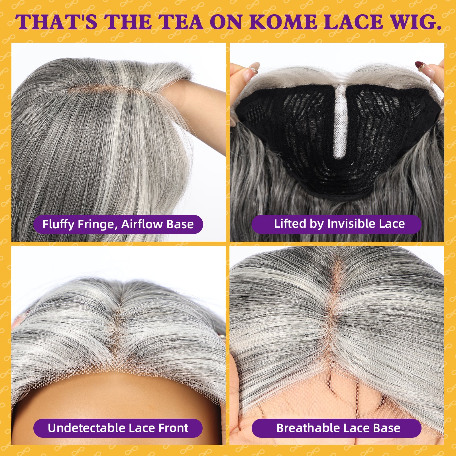 KOME Grey Synthetic Lace Front Wig, T Part Glueless Layered Wavy Wigs With Bangs, Heat Resistant Wigs For Women Daily Party Use 26IN