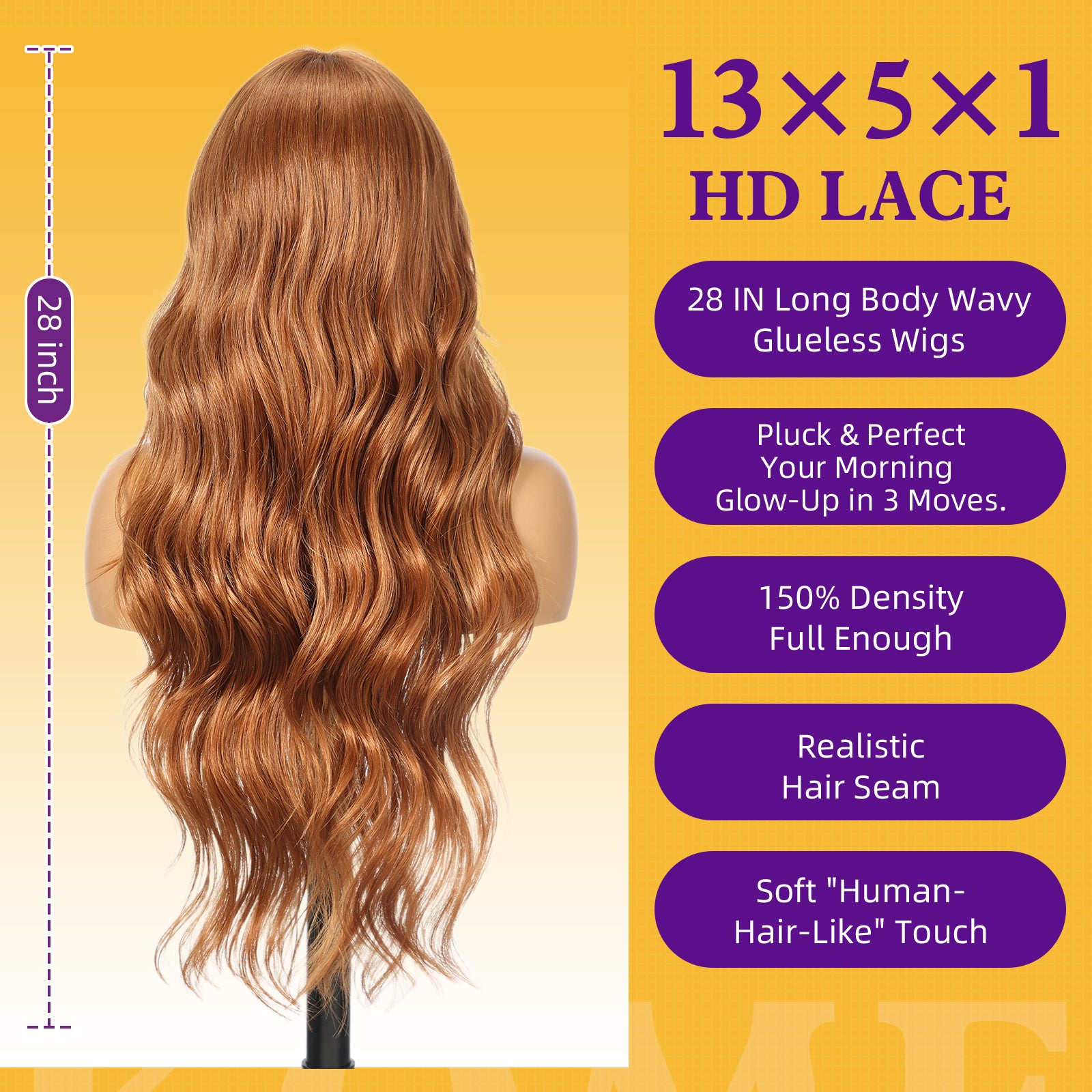 KOME Reddish Brown Synthetic Lace Front Wig,T Part Glueless Long Body Wavy Wigs With Bangs for Women Cosplay Daily Use 28IN