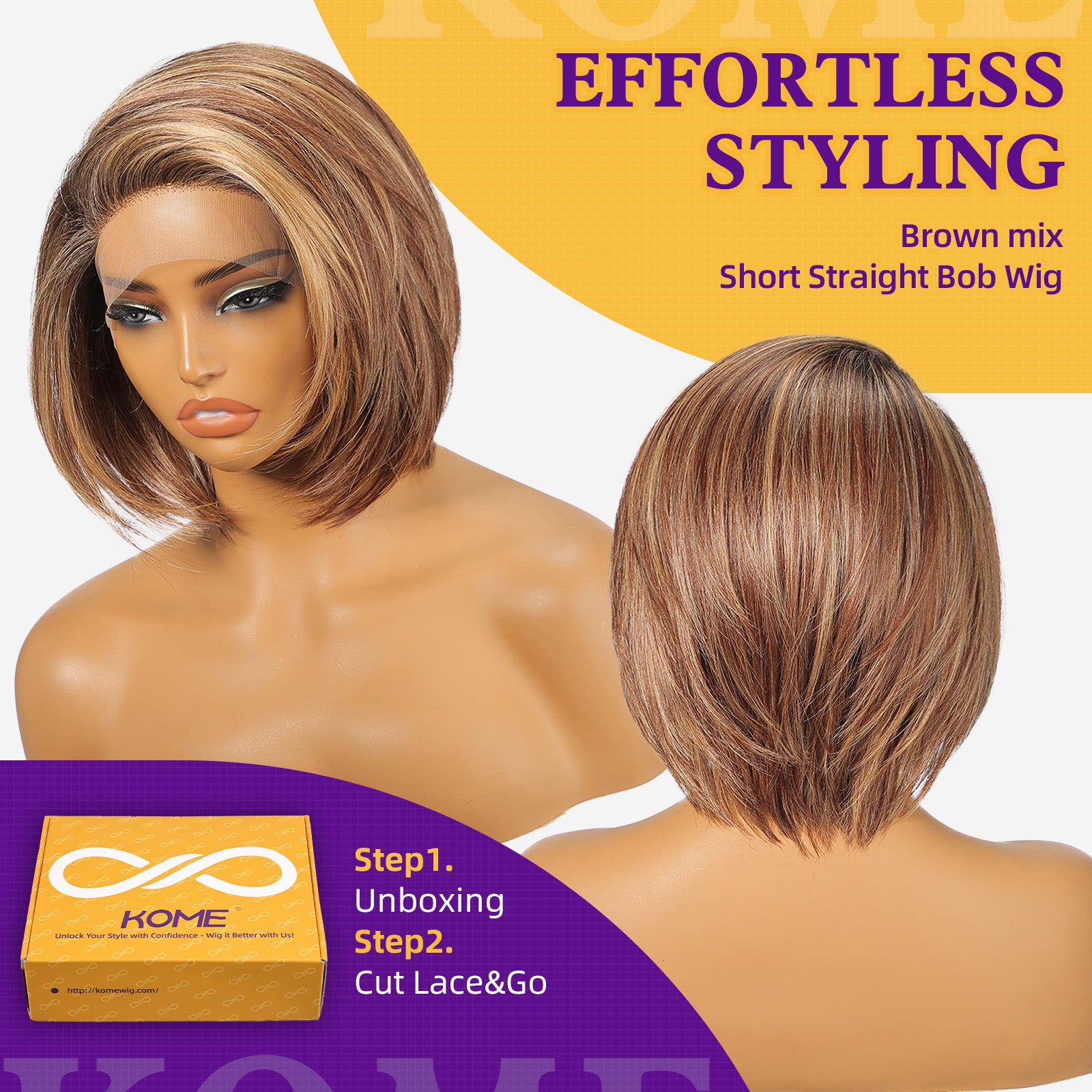 KOME Brown mix Blonde Highlight Synthetic Lace Front Wig,Side Part Short Straight Glueless Bob Wig for White Women Daily Use 10IN (#TT4/243)